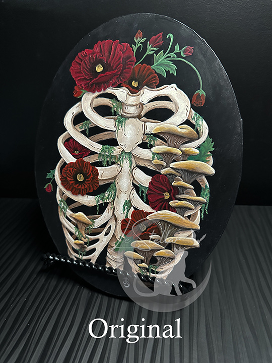 Death and Decay Painting with Ribcage Covered in Moss, Mushrooms and Poppy Flowers
