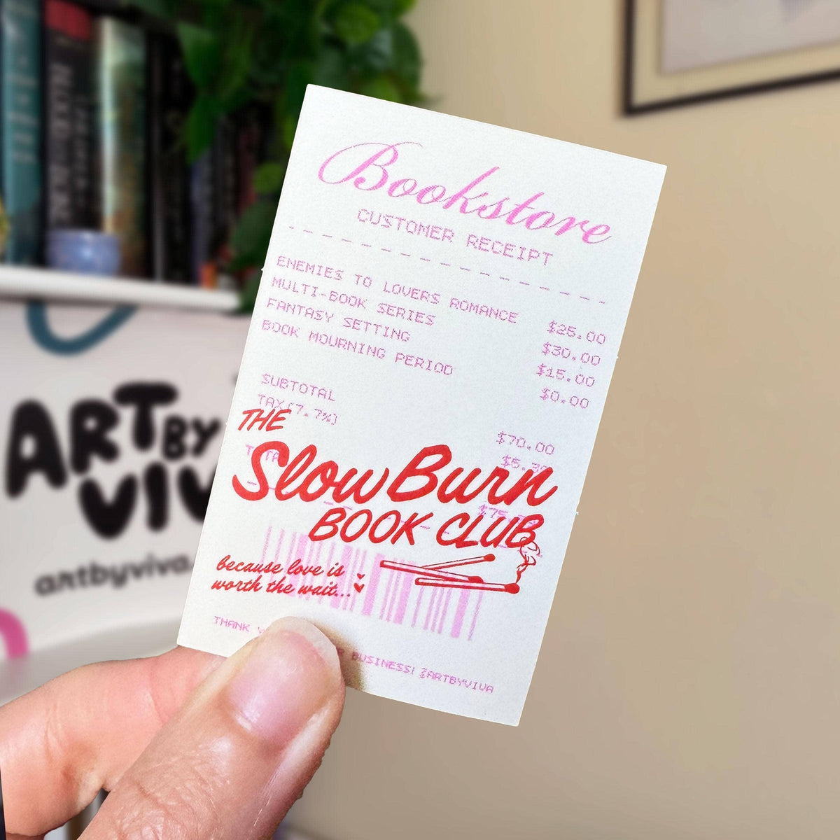 Bookstore receipt for The Slow Burn Book Club with a blurred background