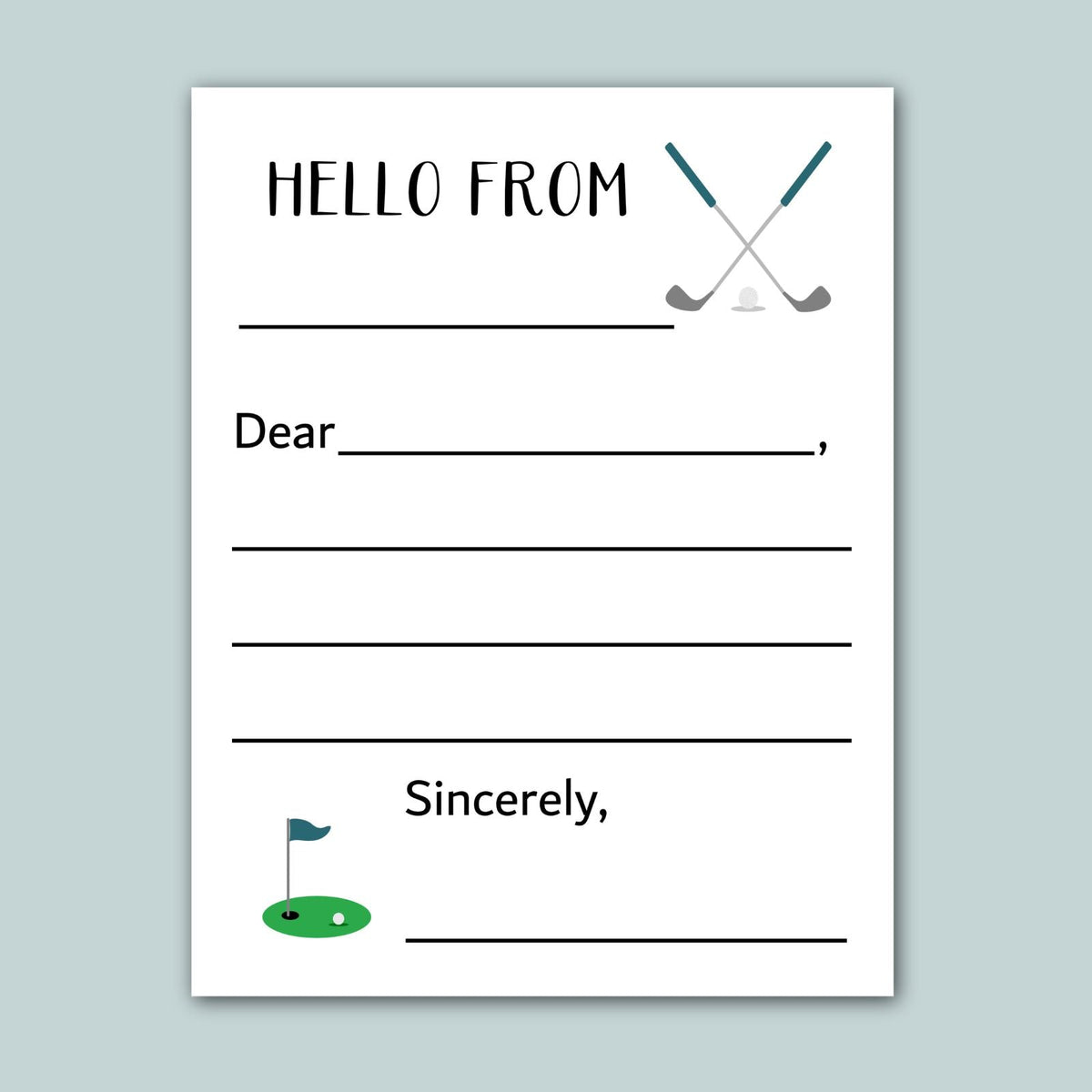 The image is a blank greeting card with a golf-themed design, including a golf club and a golf ball. The card has a blank space for a message and a blank space for a signature.