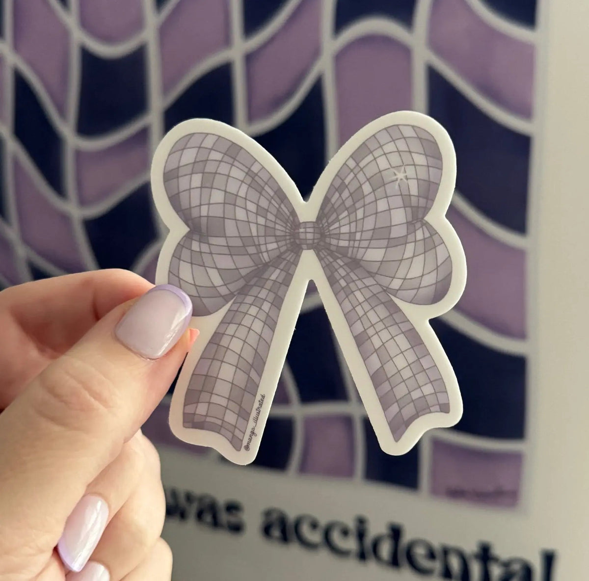 Disco Bow sticker detail — mirrored disco ball pattern across the bow by indie artist MangoIllustrated