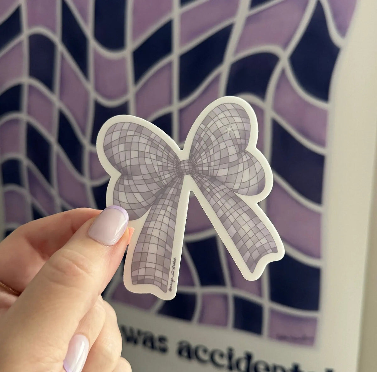 Disco Bow sticker edge detail — weatherproof glossy vinyl finish by indie artist MangoIllustrated