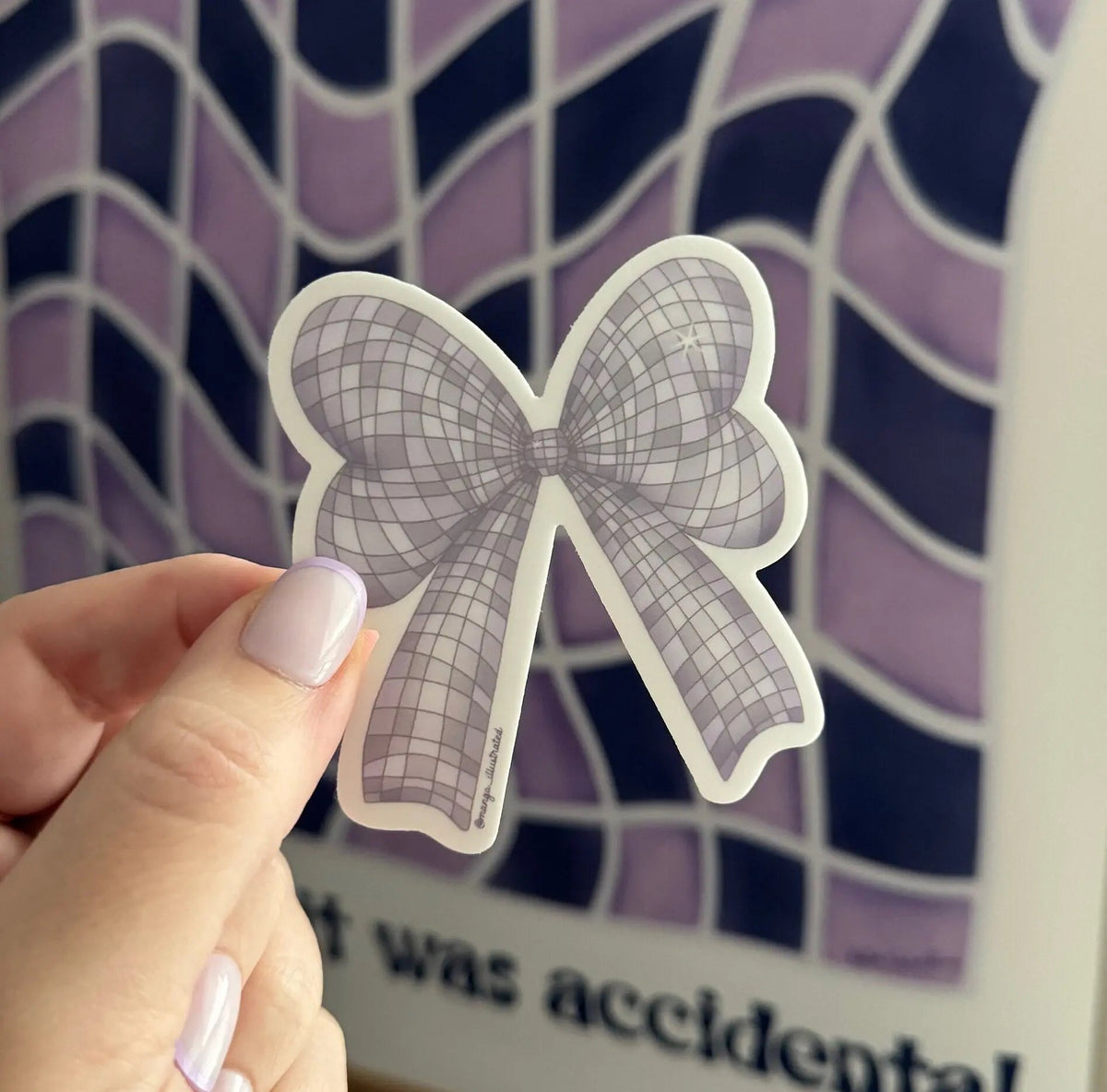 Disco Bow sticker angled view — waterproof vinyl water bottle sticker by indie artist MangoIllustrated
