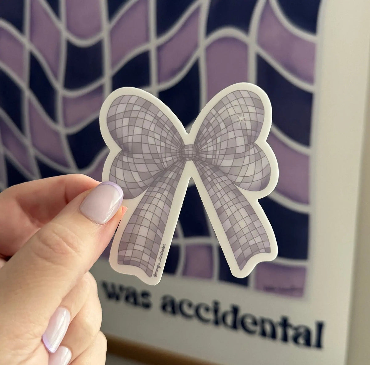 Disco Bow sticker — a coquette bow illustrated as a mirrored disco ball with star highlights, by MangoIllustrated