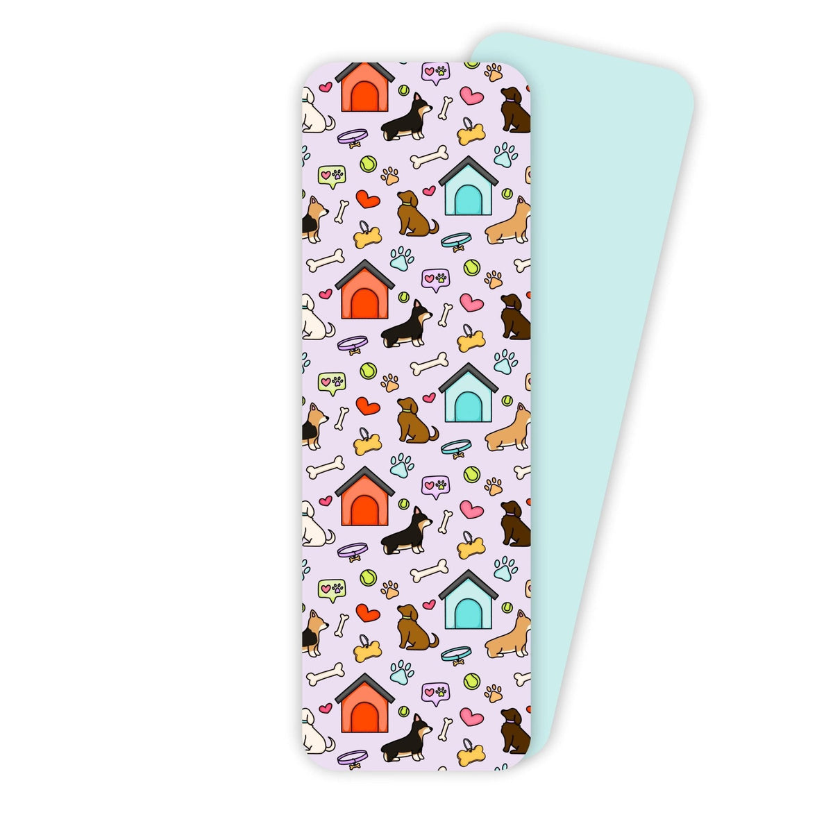 Dog doodles bookmark — hand drawn dogs and dog accessories with a bright blue back, 2 x 6 in soft touch matte bookmark, by MangoIllustrated