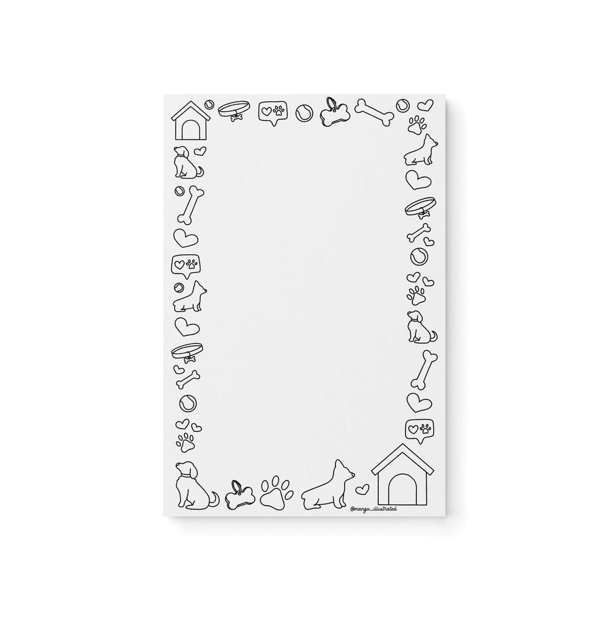 Dog doodles color-in notepad flat lay — dog lover coloring notepad and desk stationery by indie artist MangoIllustrated