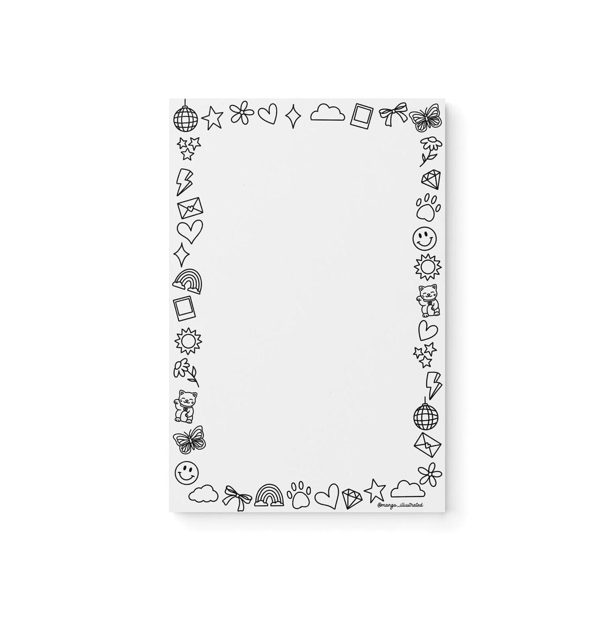Doodles color-in notepad flat lay — coloring page meeting notepad by indie artist MangoIllustrated