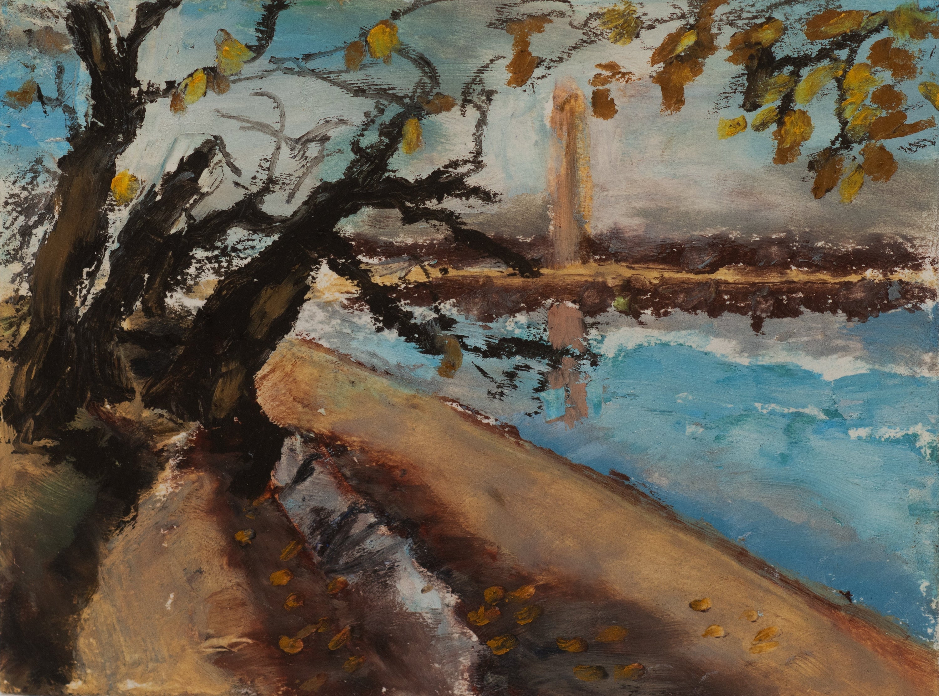 Painted using oil pastels, this piece captures a small section of the Tidal Basin in Washington, D.C. The Washington Monument is visible in the background and cherry trees, hanging onto the last of their leaves fill the foreground.