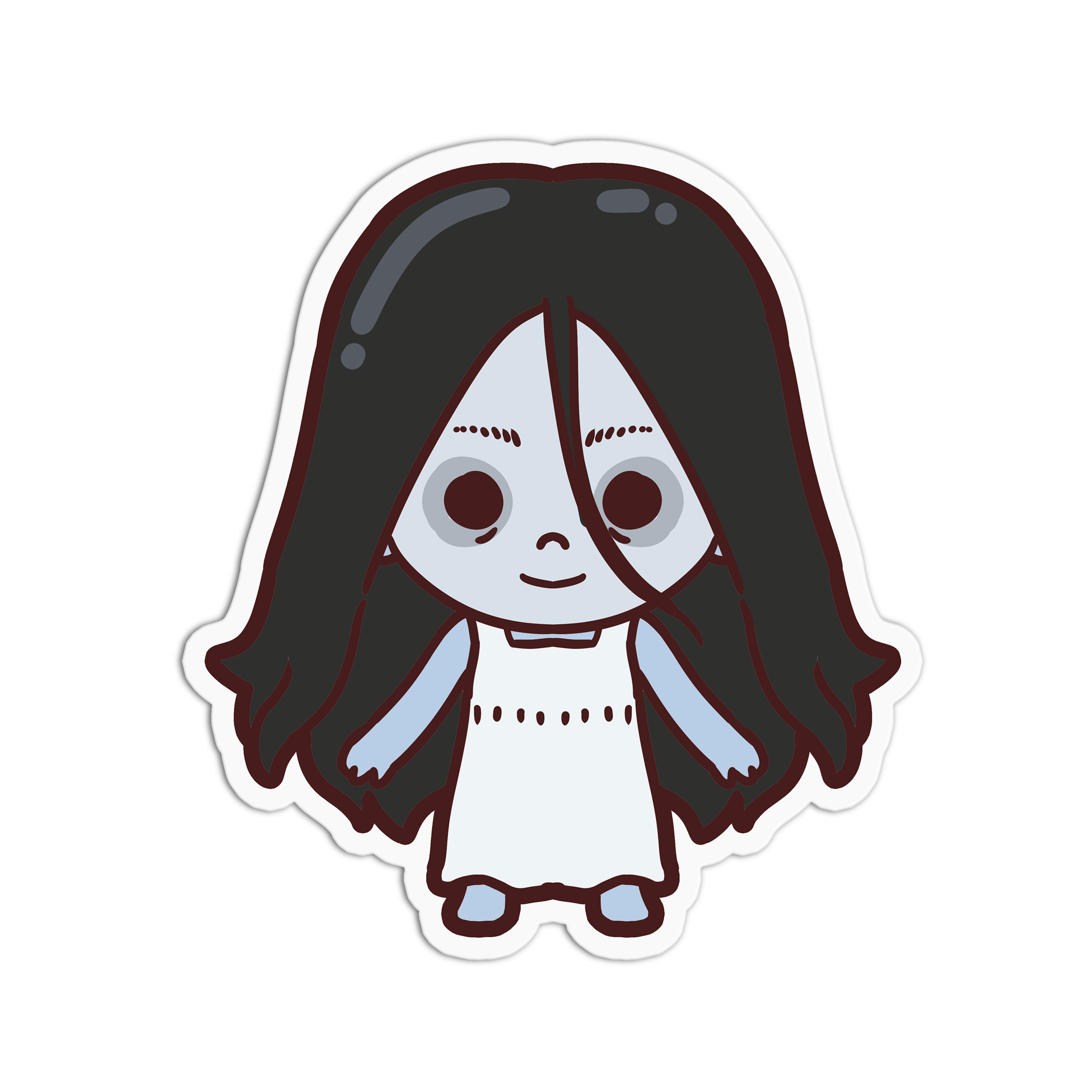 Cartoon character with long dark hair and a white dress on a white background