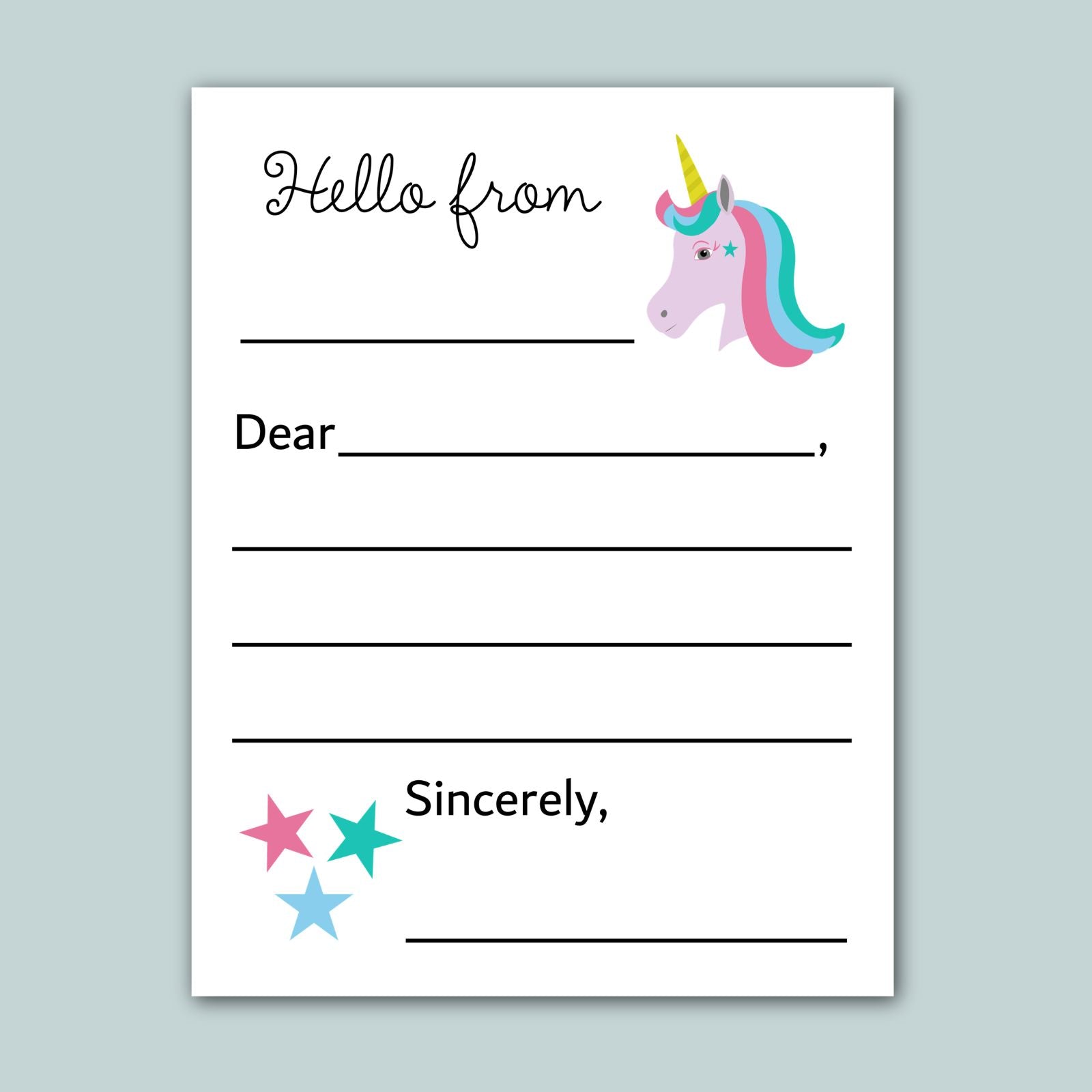 a letter addressed to someone named Sincerely, with a unicorn illustration on the top right corner. The letter appears to be a blank card with space for writing a message.