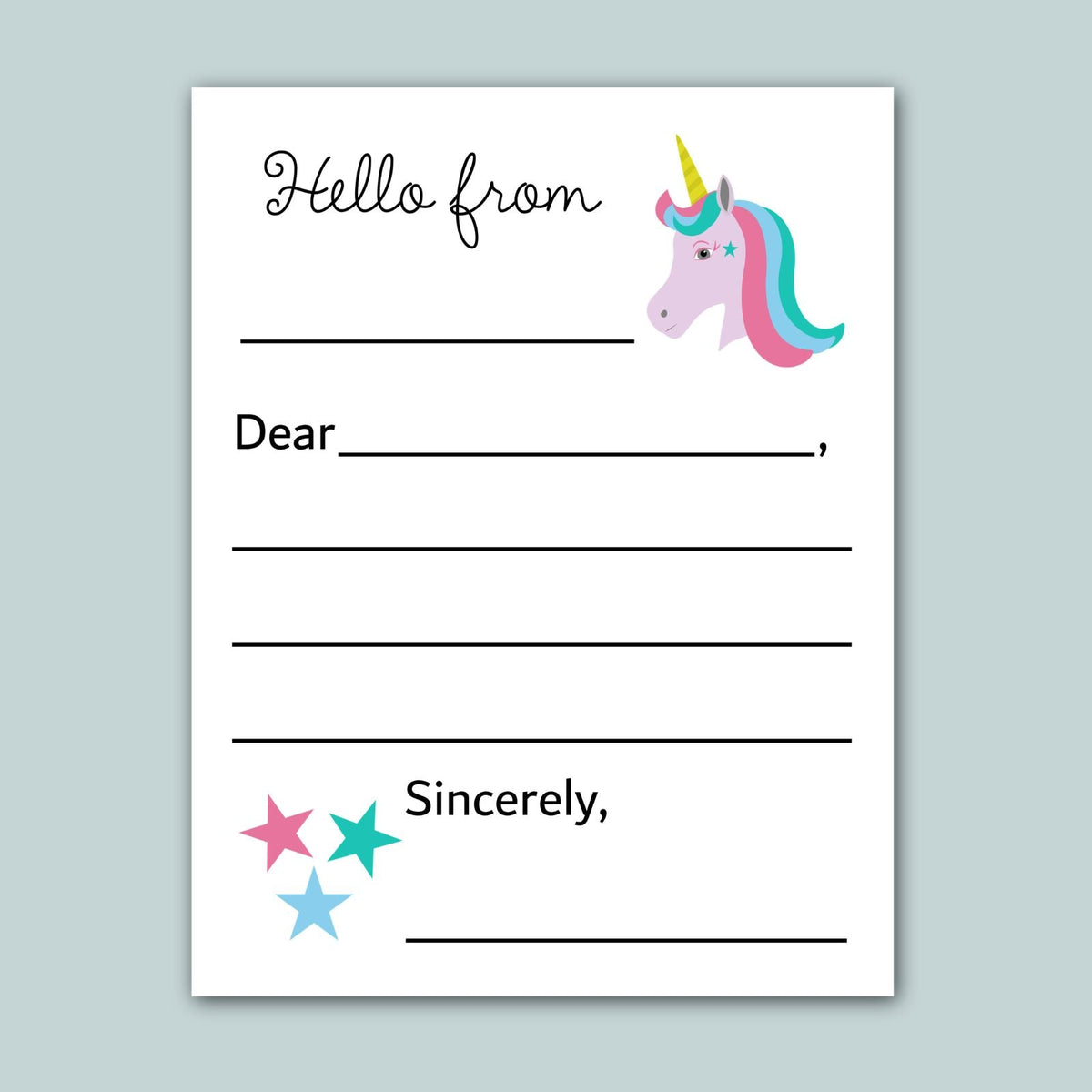 a letter addressed to someone named Sincerely, with a unicorn illustration on the top right corner. The letter appears to be a blank card with space for writing a message.