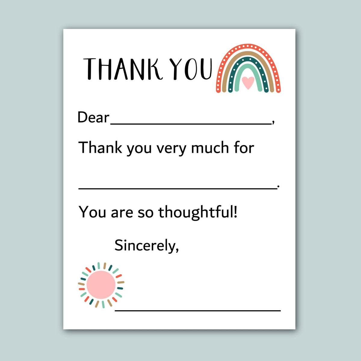 a white card with a rainbow graphic and a heart symbol. The card has a message written in black text, expressing gratitude, and includes a blank space for the recipient&
