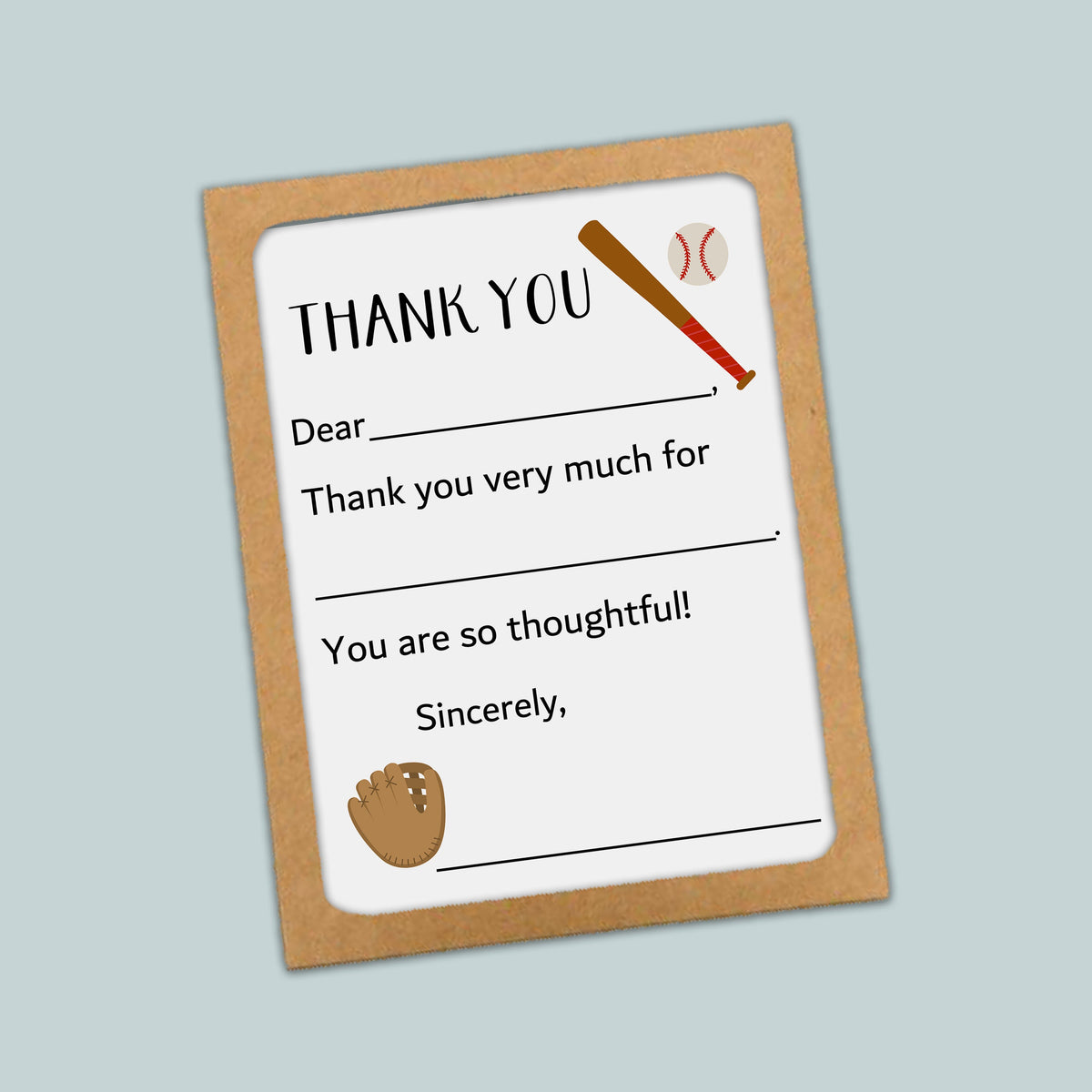 The image is a framed thank you card with a baseball theme, featuring a baseball bat and glove. The card has a blank space for a message and a blank space for a recipient&