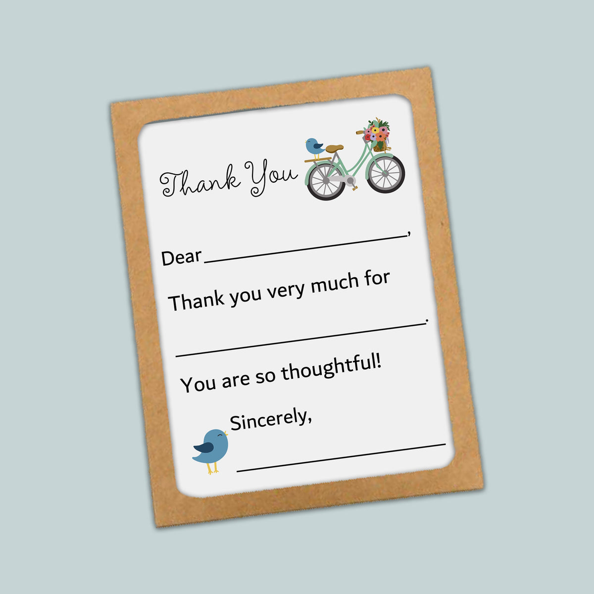 The image is a thank you card with a bicycle and a bird on it. The card has a blank space for a response and a message that says "You are so thoughtful!"