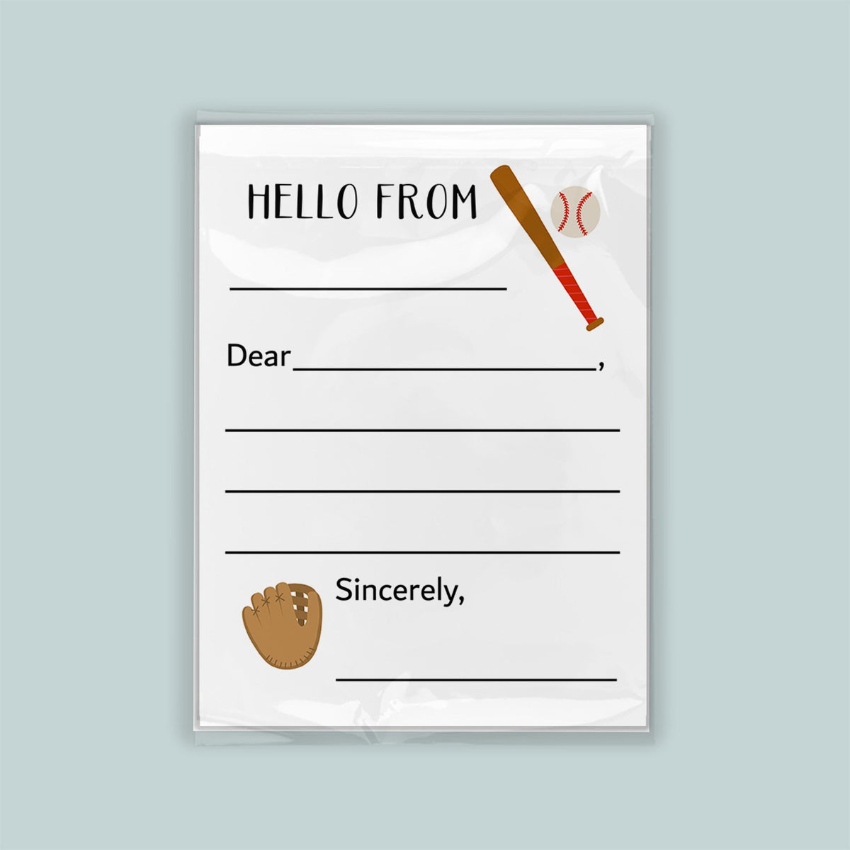 The image is a white envelope with a baseball-themed design, including a baseball bat, ball, and glove. The envelope has a blank space for a message and a blank space for a signature.