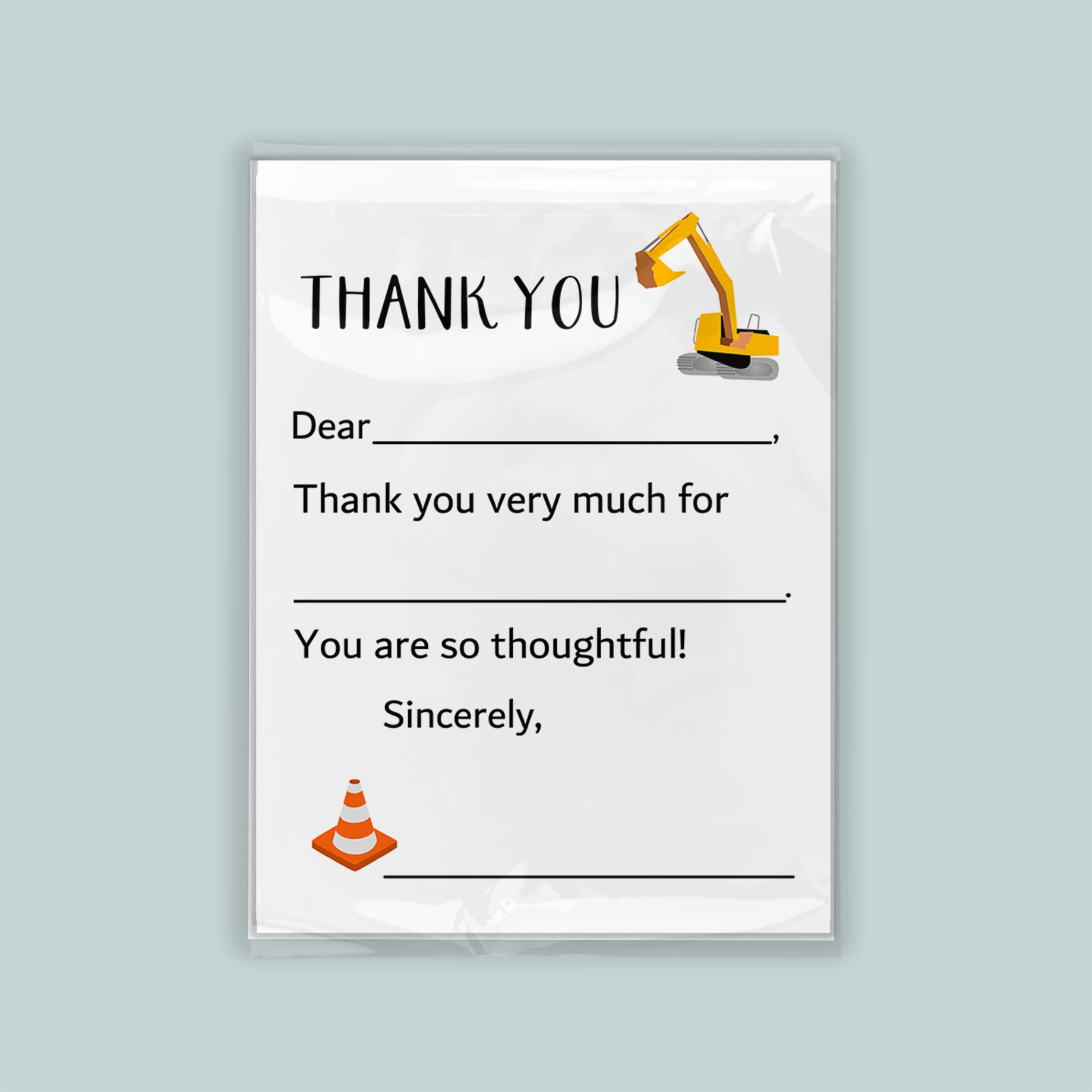The image is a construction-themed thank you card with a construction vehicle and a traffic cone. The card has a blank space for a recipient&