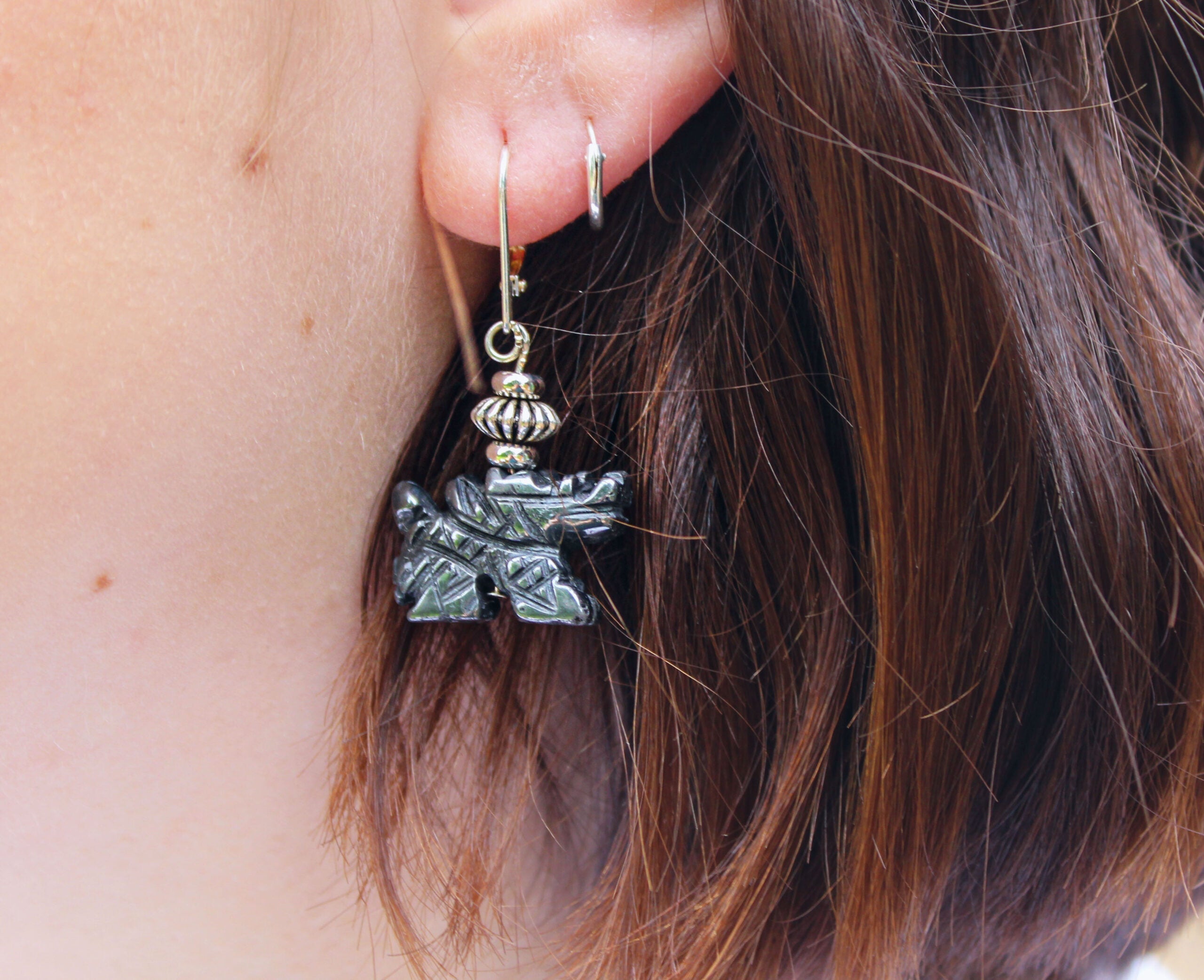 Carved hematite dragon jewelry set, earring and necklace for the fantasy lover