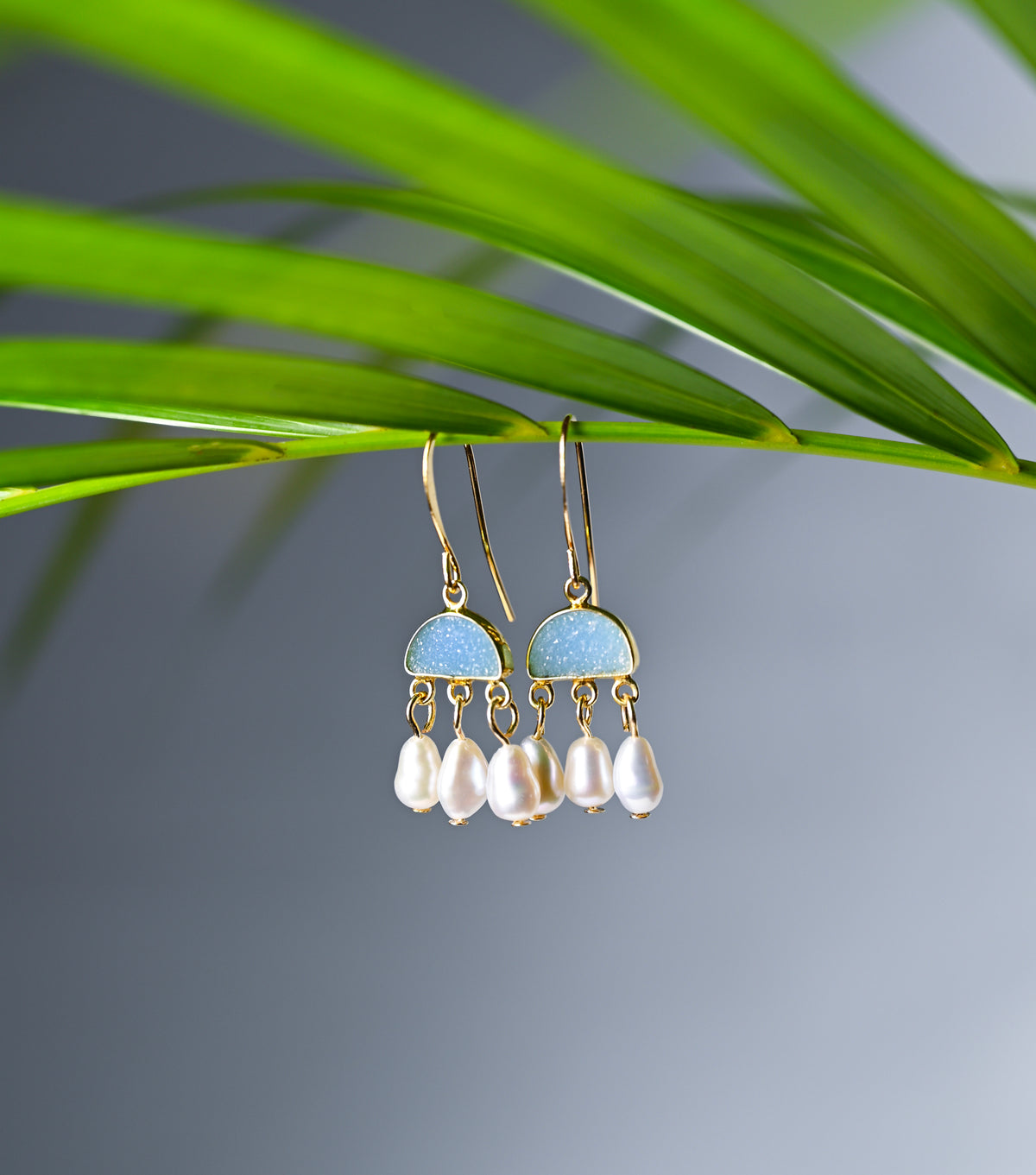 Blue Chalcedony Drusy and Keshi Pearl Chandelier Earrings, Gold Boho Jewelry