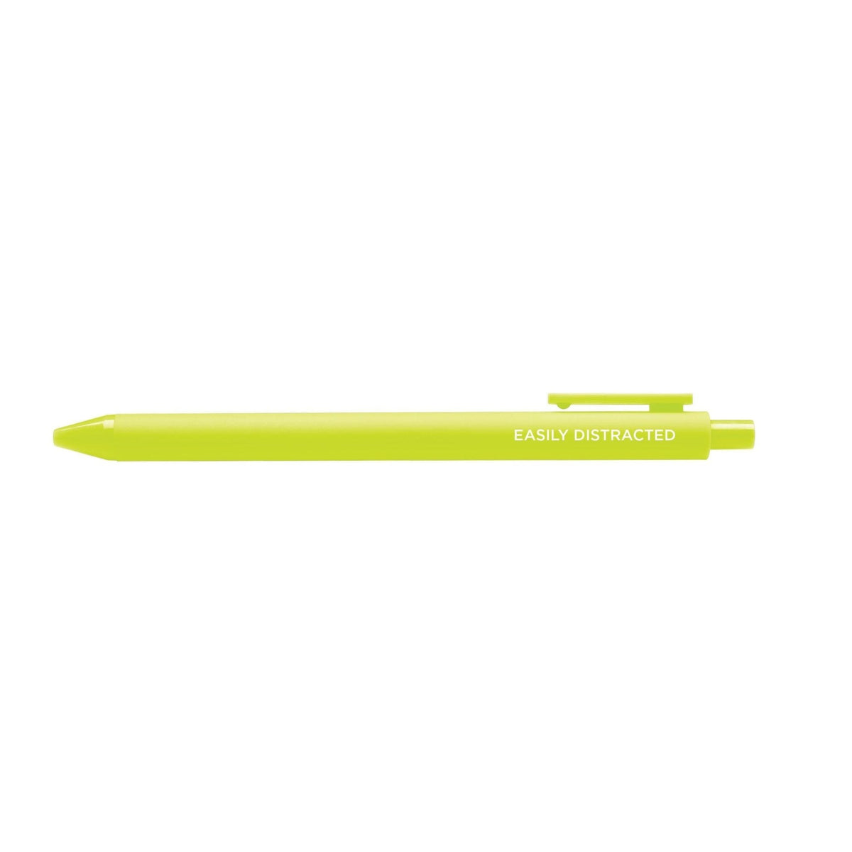 Easily distracted pen flat lay — citron barrel ADHD and neurospicy desk pen by indie artist MangoIllustrated