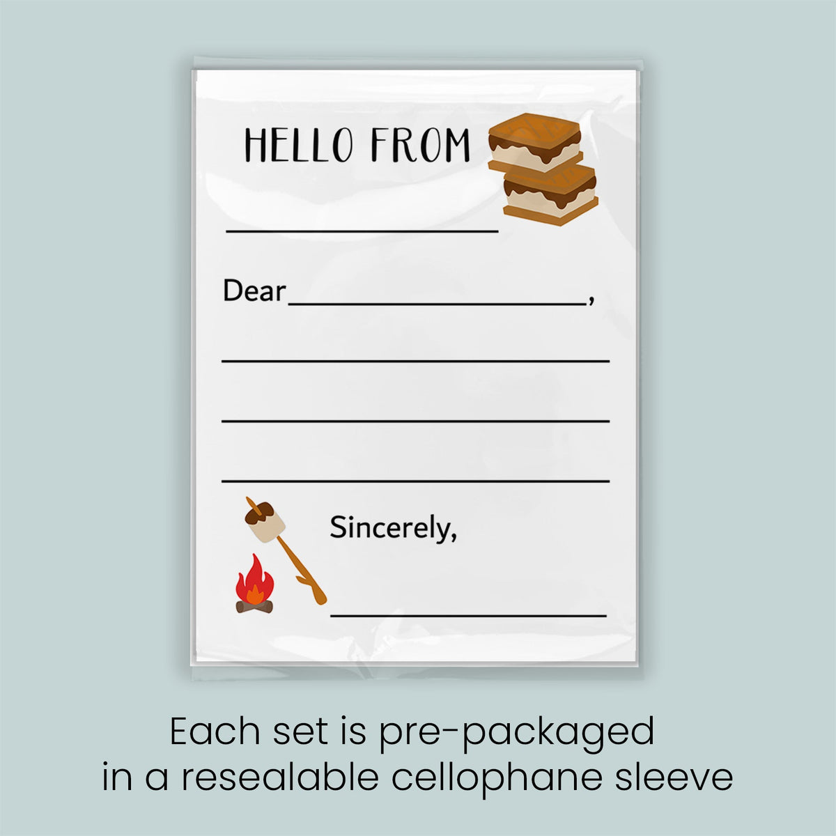 The image is a pre-packaged greeting card with a message and illustrations of a marshmallow and a campfire. Each set is pre-packaged in a resealable cellophane sleeve.