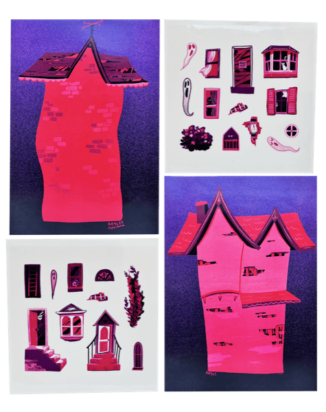 A collage of stylized pink house illustrations and architectural components on a purple background, including a large house silhouette, smaller house outlines, windows, doors, steps, and decorative roof details.