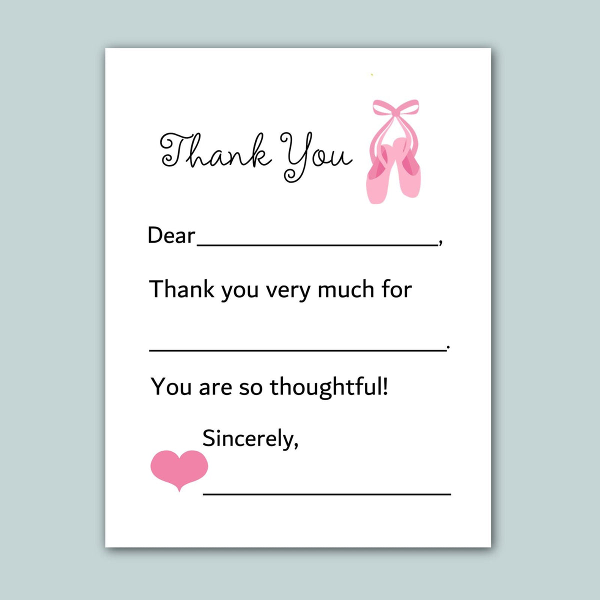 The image is a white card with a pink ballet shoe graphic and a heart symbol. The card has a message written in black cursive font, expressing gratitude and appreciation.