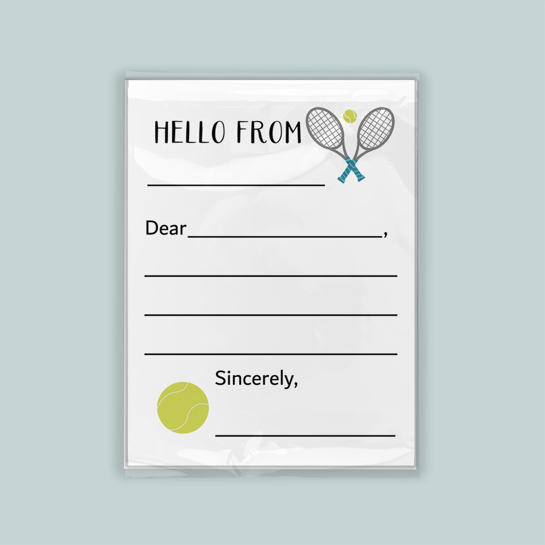 The image is a white envelope with a tennis racket and ball design, along with a greeting message.