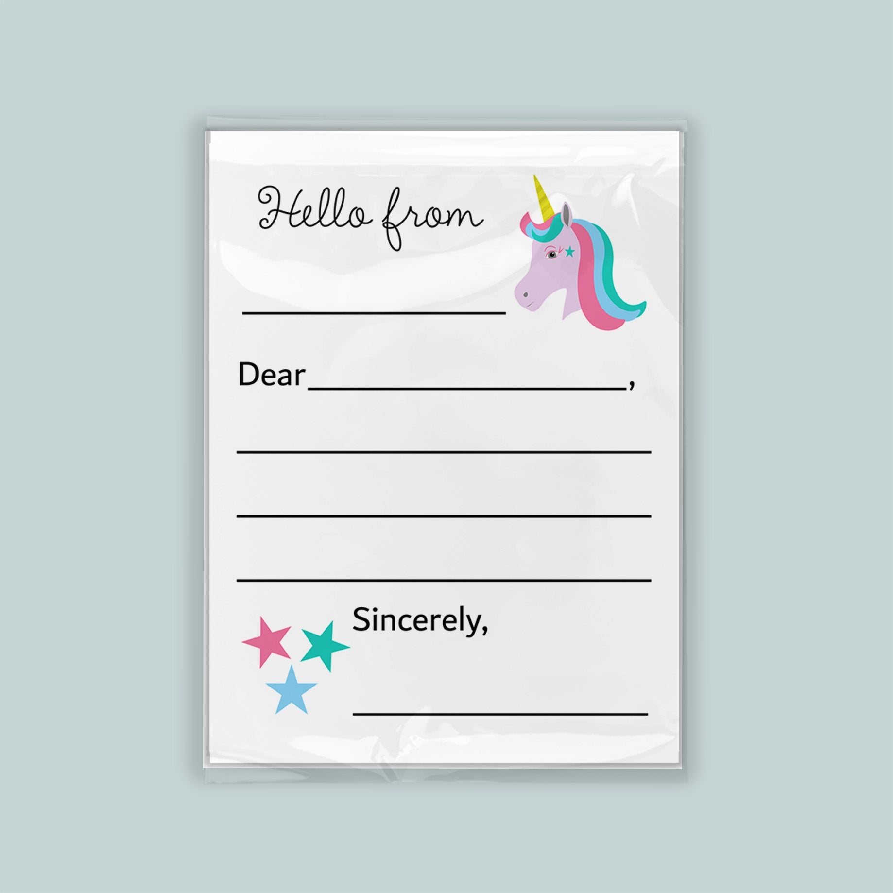 The image is a white envelope with a unicorn illustration and a blank space for a message.