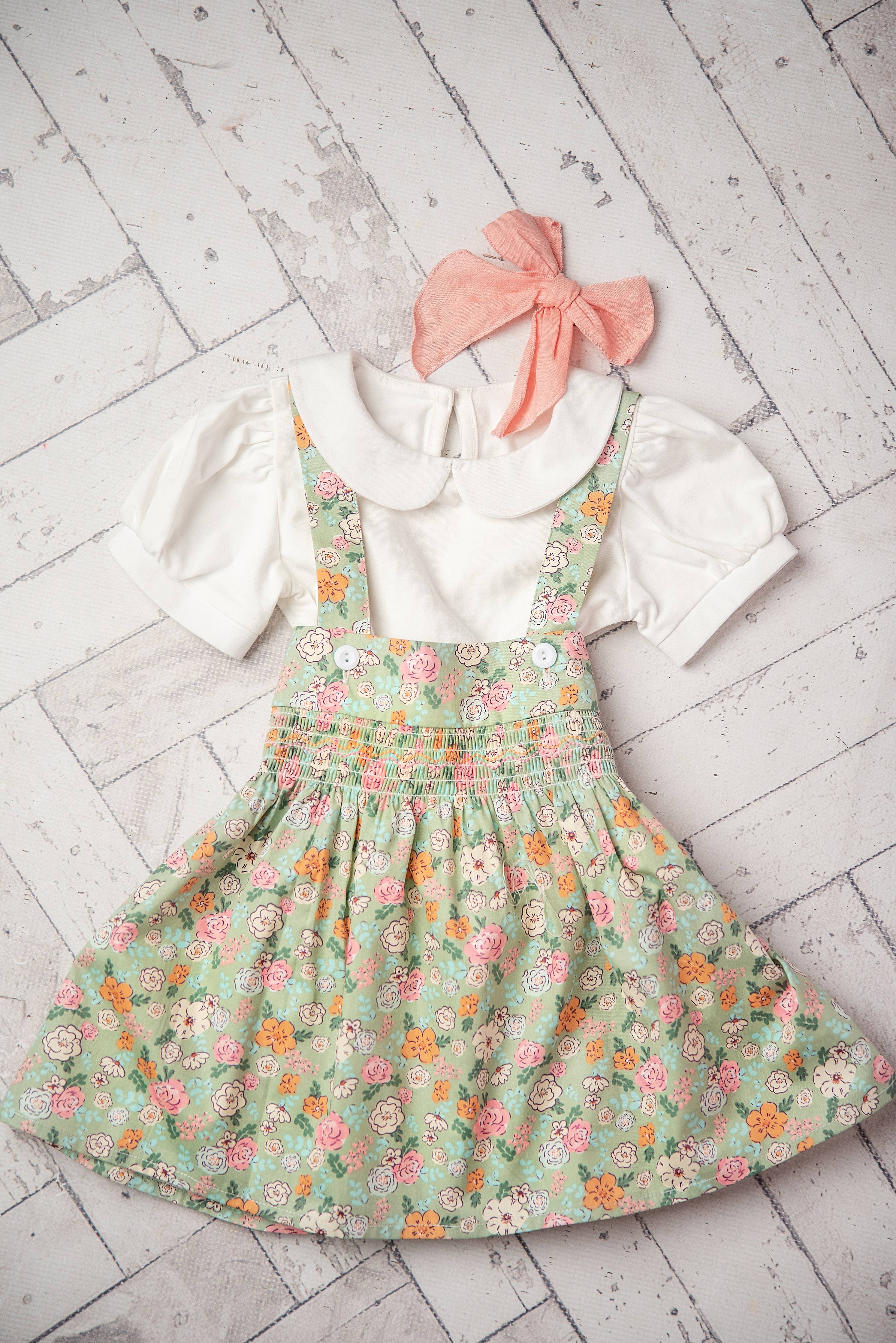 Kids Sage & White Floral Jumper Skirt Easter Collar Set