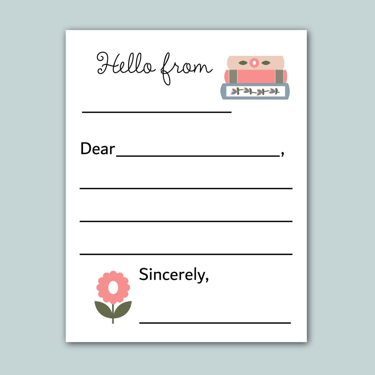 The image is a blank letterhead with a floral design and a stack of books on top. The letterhead has a blank space for the recipient&