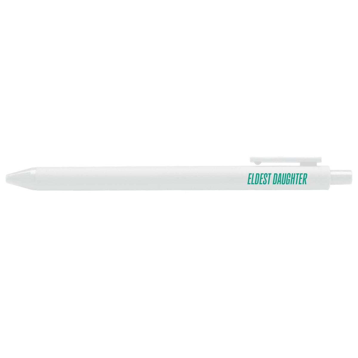 Eldest Daughter pen flat lay — white gel pen with teal text for eldest daughter gifts by indie artist MangoIllustrated