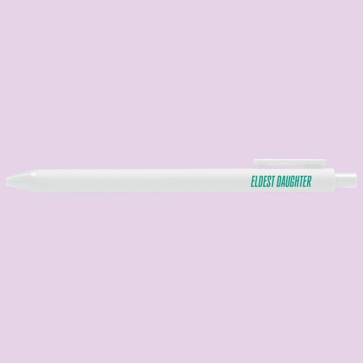 Eldest Daughter pen detail — teal lettering on the white barrel by indie artist MangoIllustrated