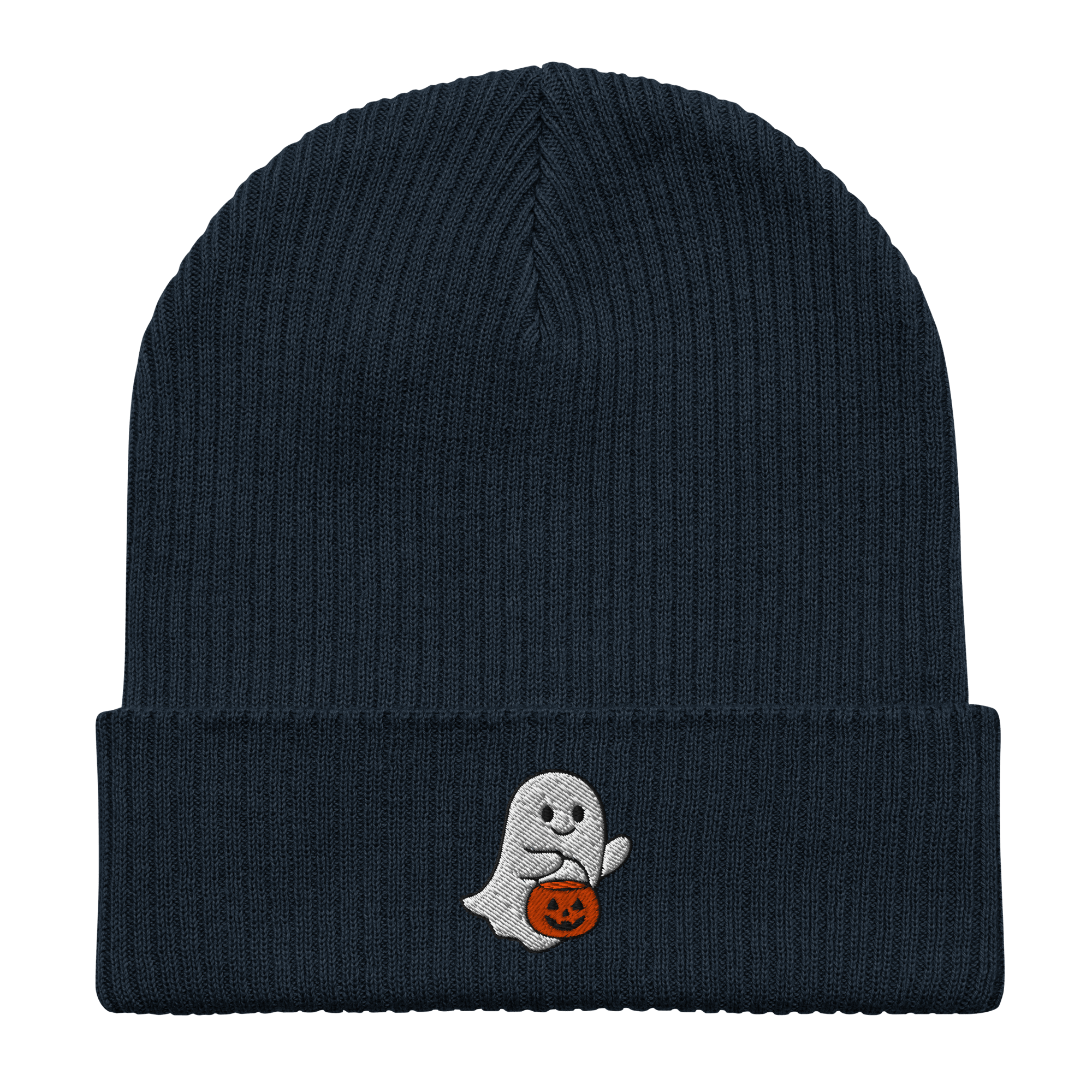 Embroidered Ghost Halloween | Organic Cotton Ribbed Beanie - Heartland Stitch