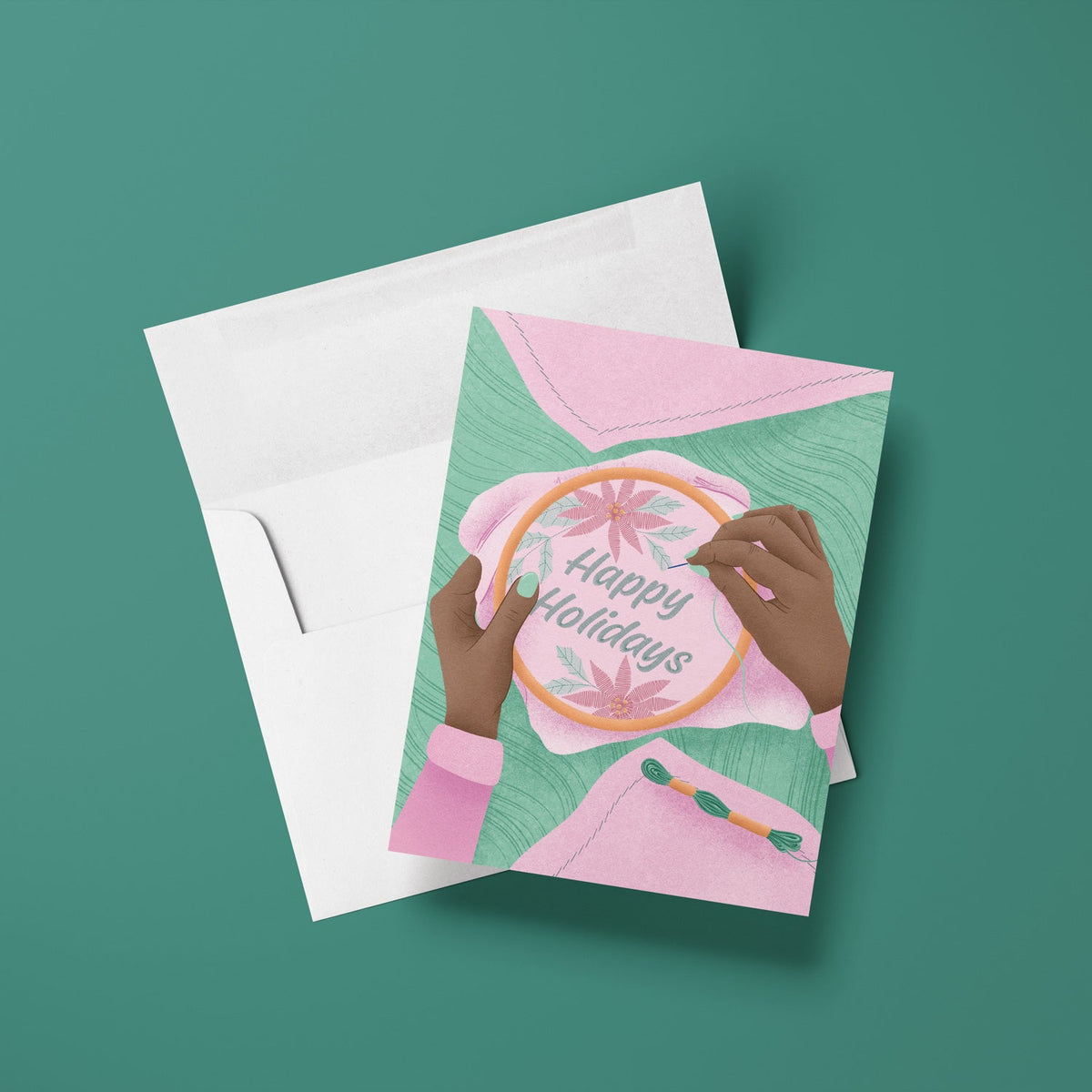 Greeting card with embroidered hoop and &