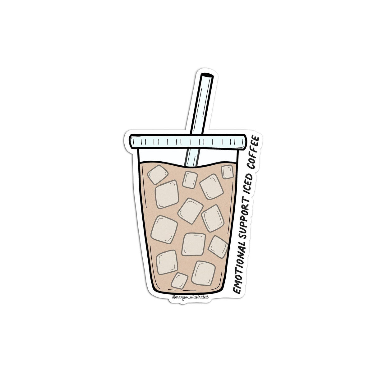 Emotional support iced coffee sticker flat lay — waterproof coffee lover sticker for laptops and tumblers by indie artist MangoIllustrated