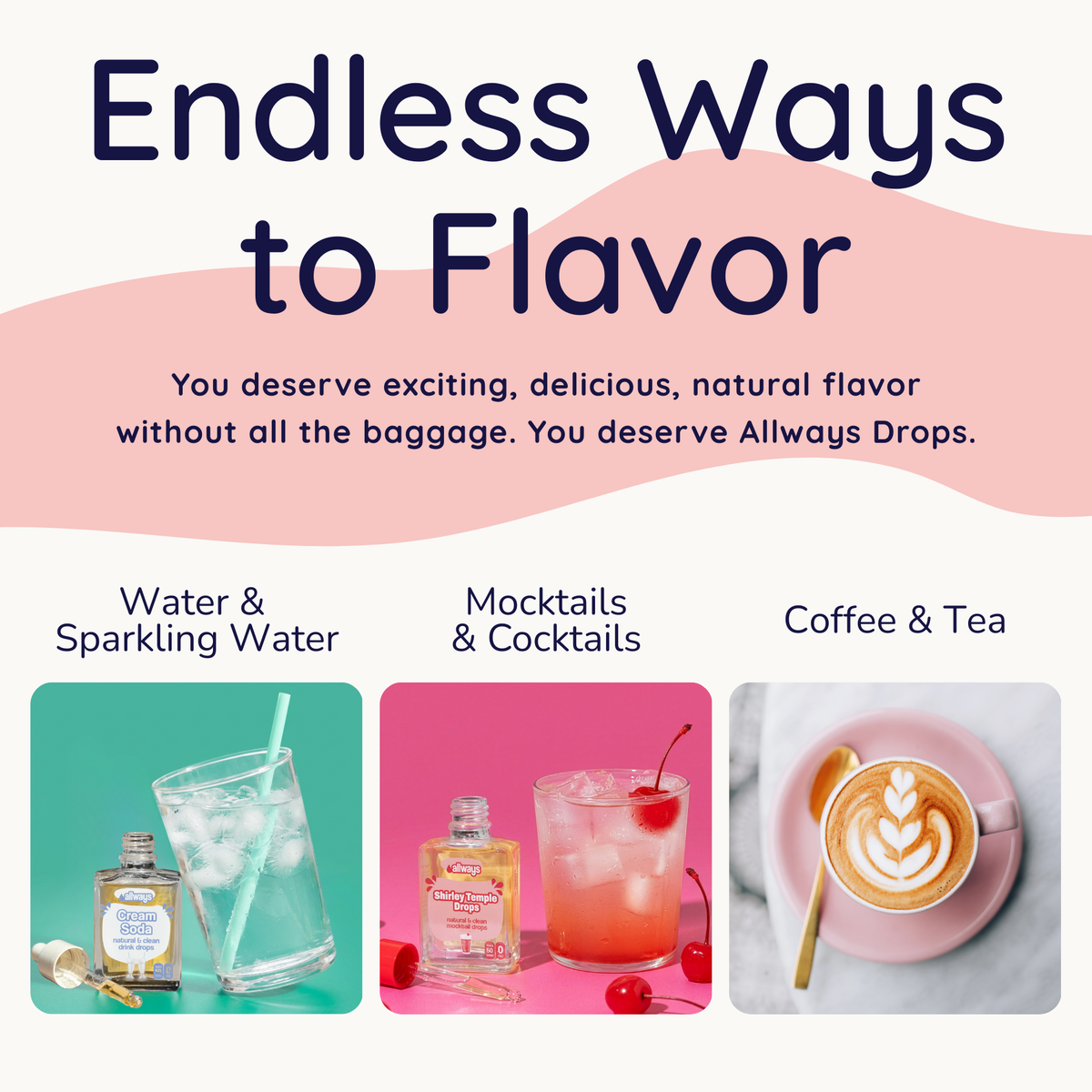 Advertisement for Allways Drops with images of drinks and text about flavor options.