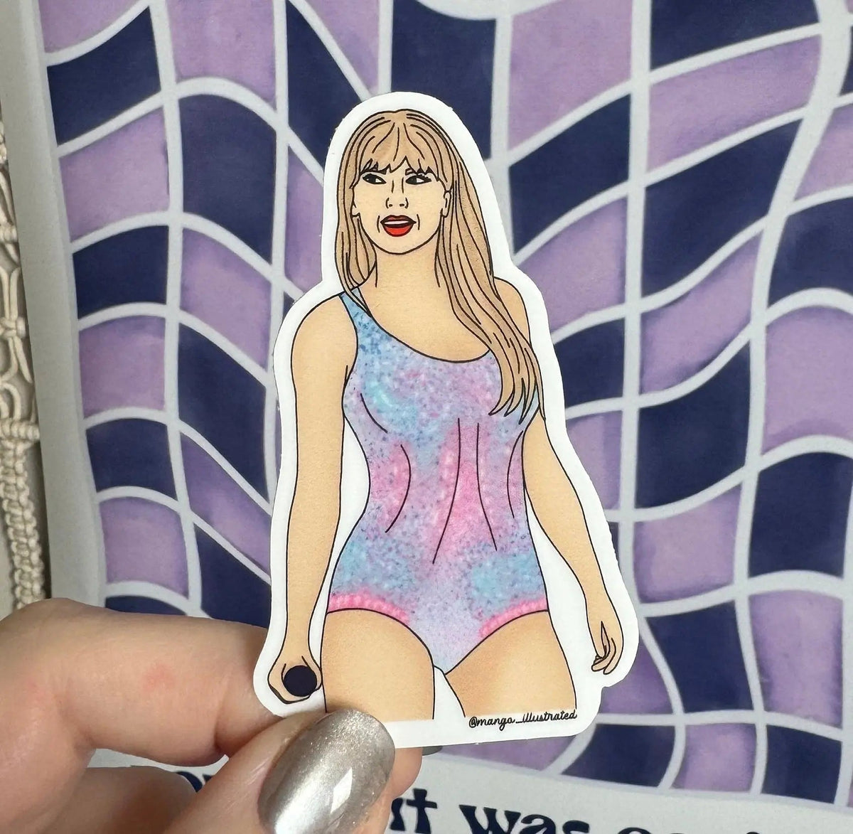Eras Tay sticker flat lay — illustrated pink portrait vinyl decal by indie artist MangoIllustrated