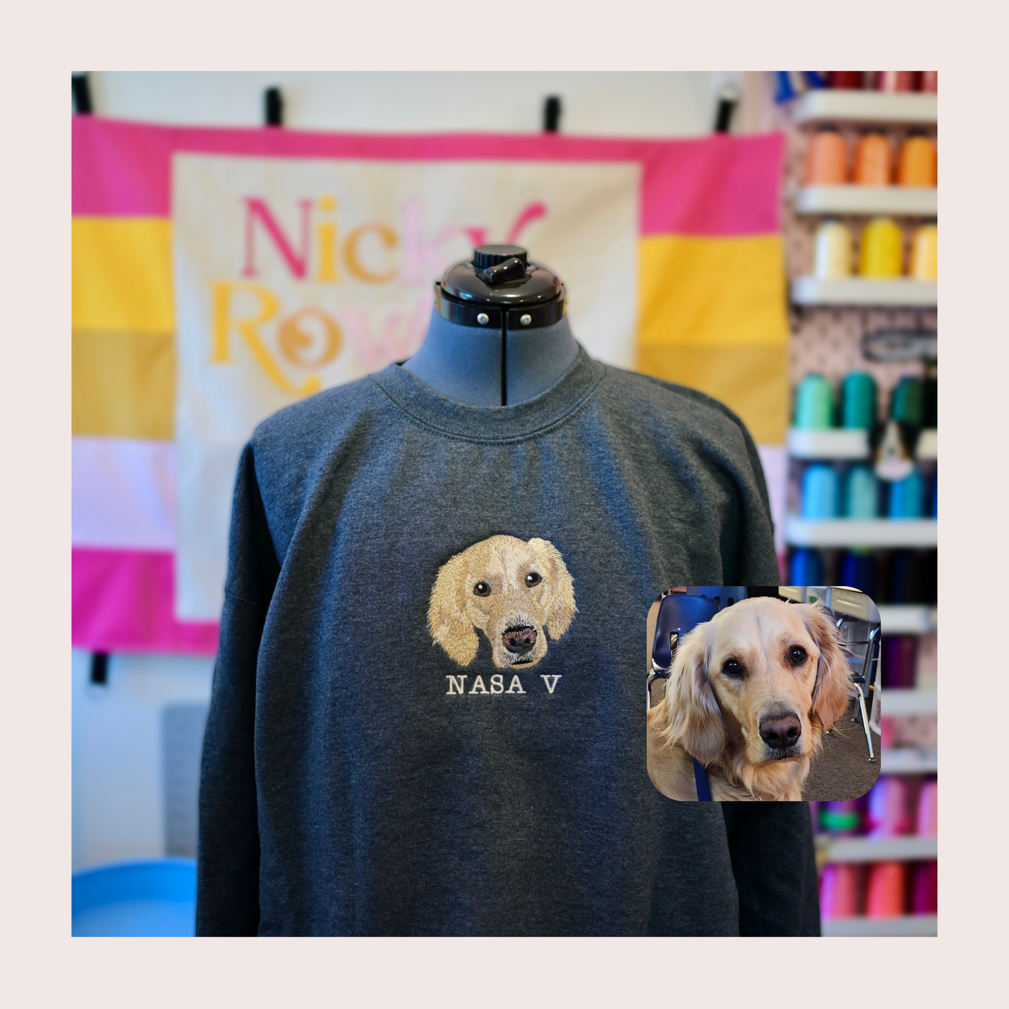 Custom Pet Portrait Commission - Hand-Drawn Embroidery on Independent Brand Crew Sweatshirt