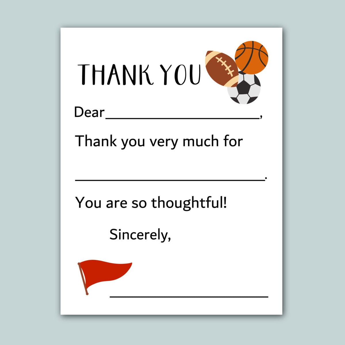 a blank thank you card with a sports theme, featuring a football, basketball, and soccer ball. The card is blank, so there are no words to describe.