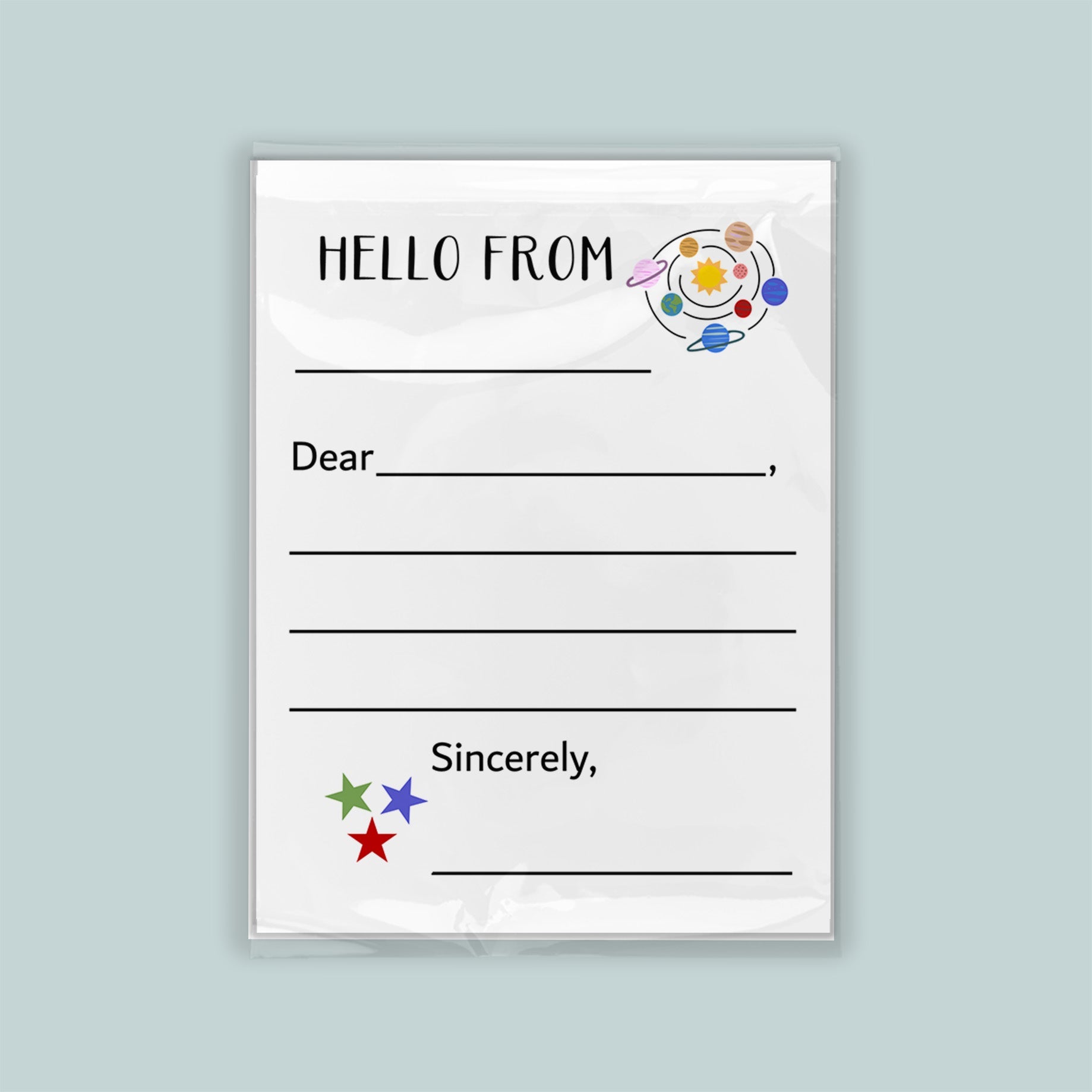 The image is a blank letterhead with a space-themed design, including planets and stars, and a message that reads "Hello from" followed by an empty space for a response.