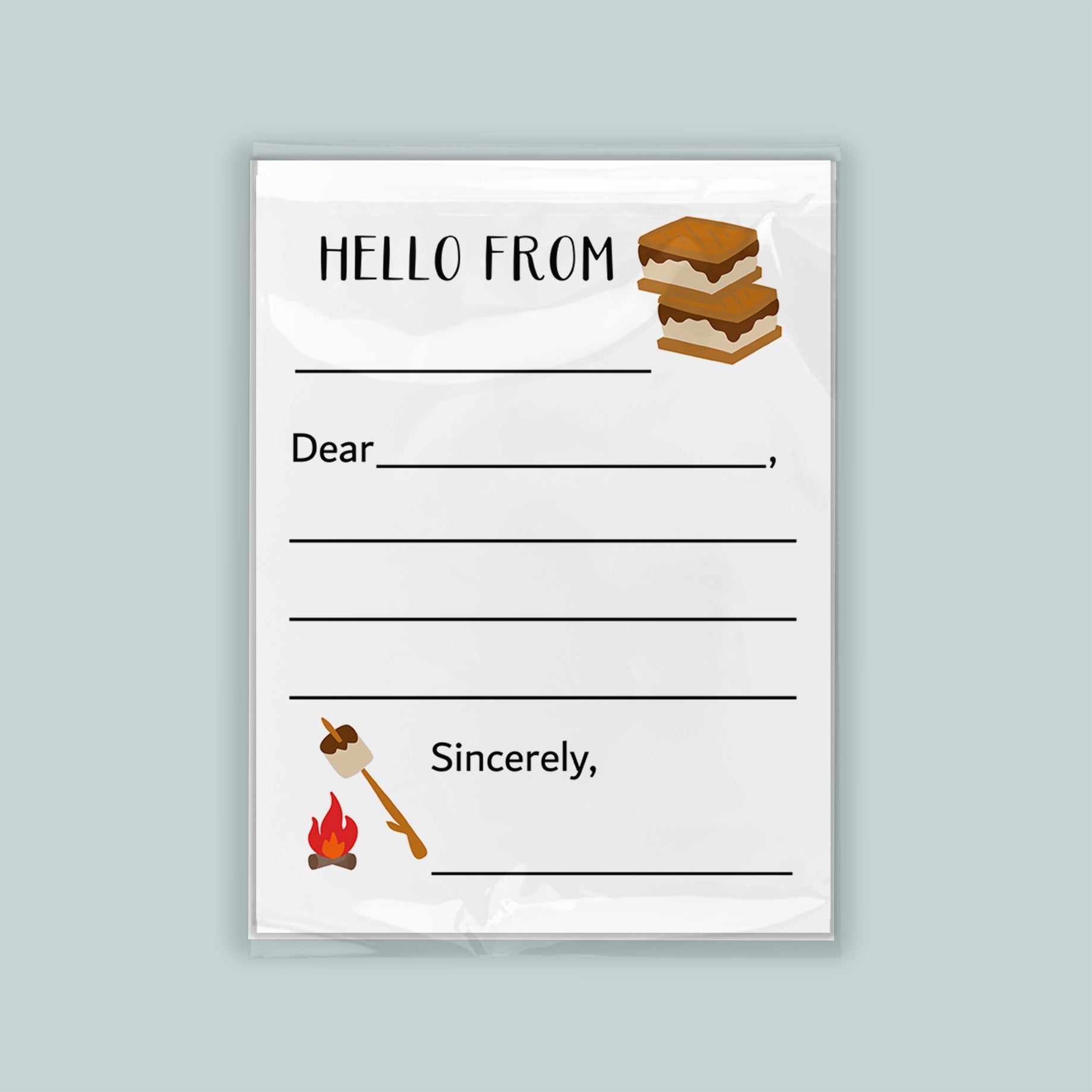 The image is a greeting card with a message and illustrations related to camping and marshmallows.