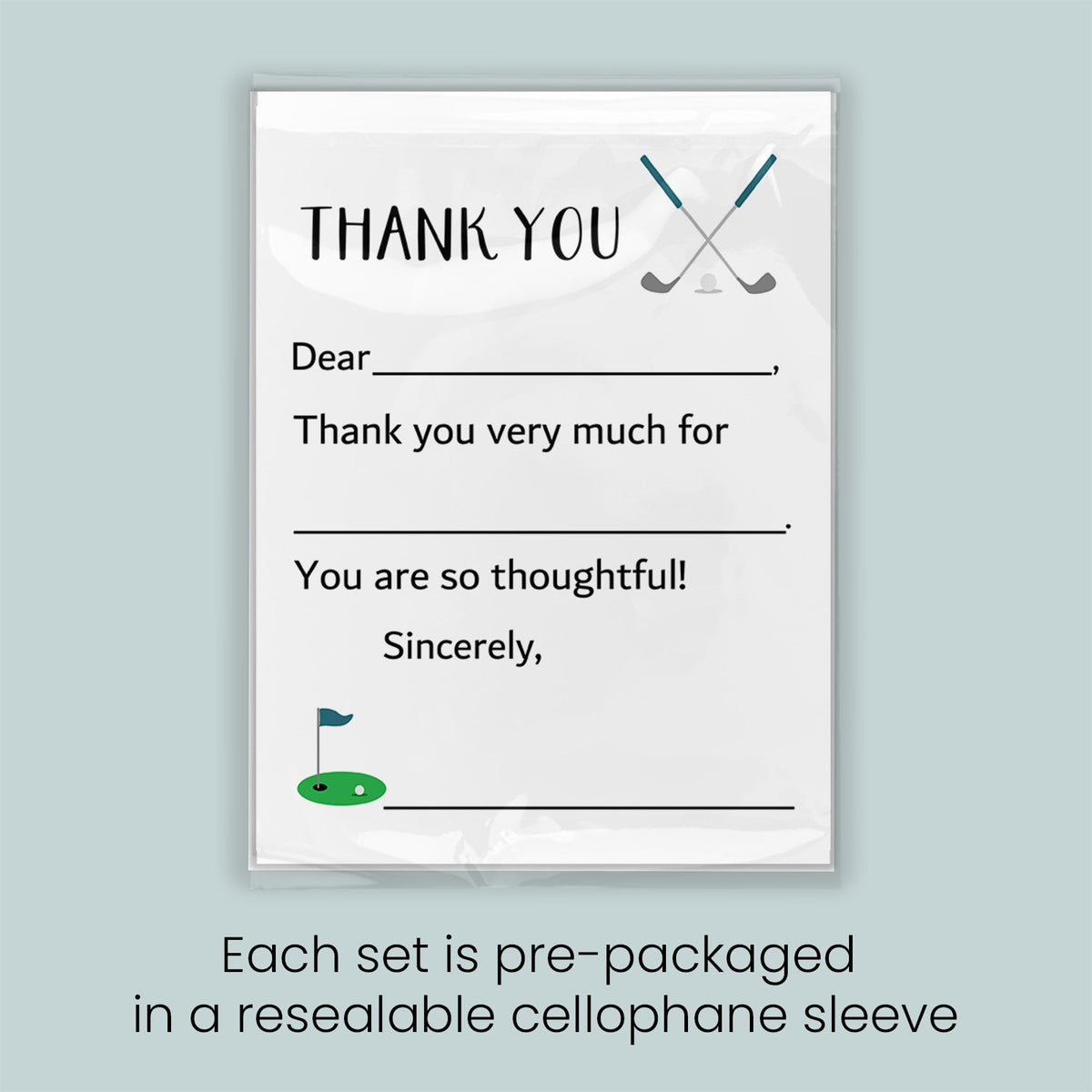 The image is a thank you card with a golf course design, and each set is pre-packaged in a resealable cellophane sleeve.
