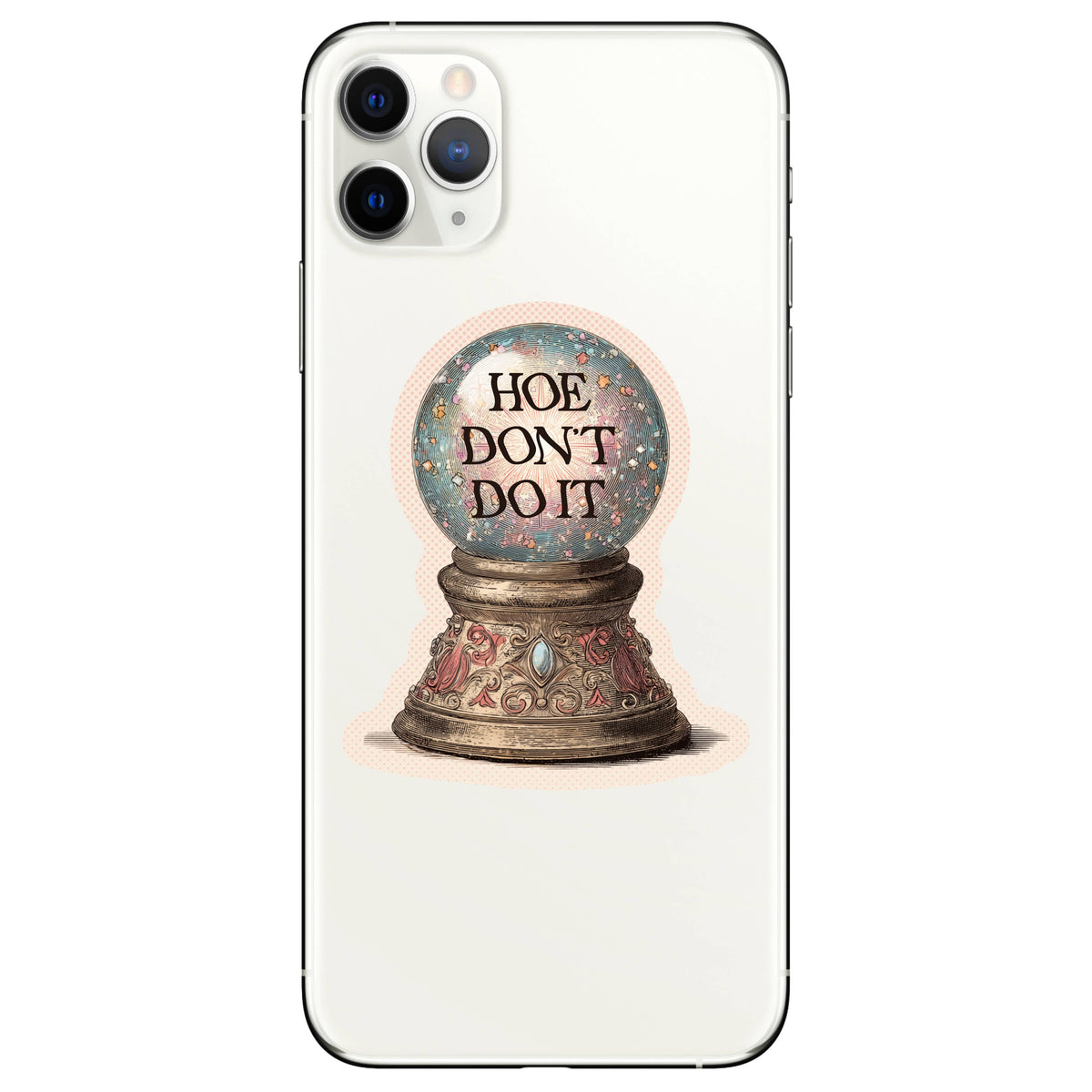 Phone case with a snow globe design and text on a white background