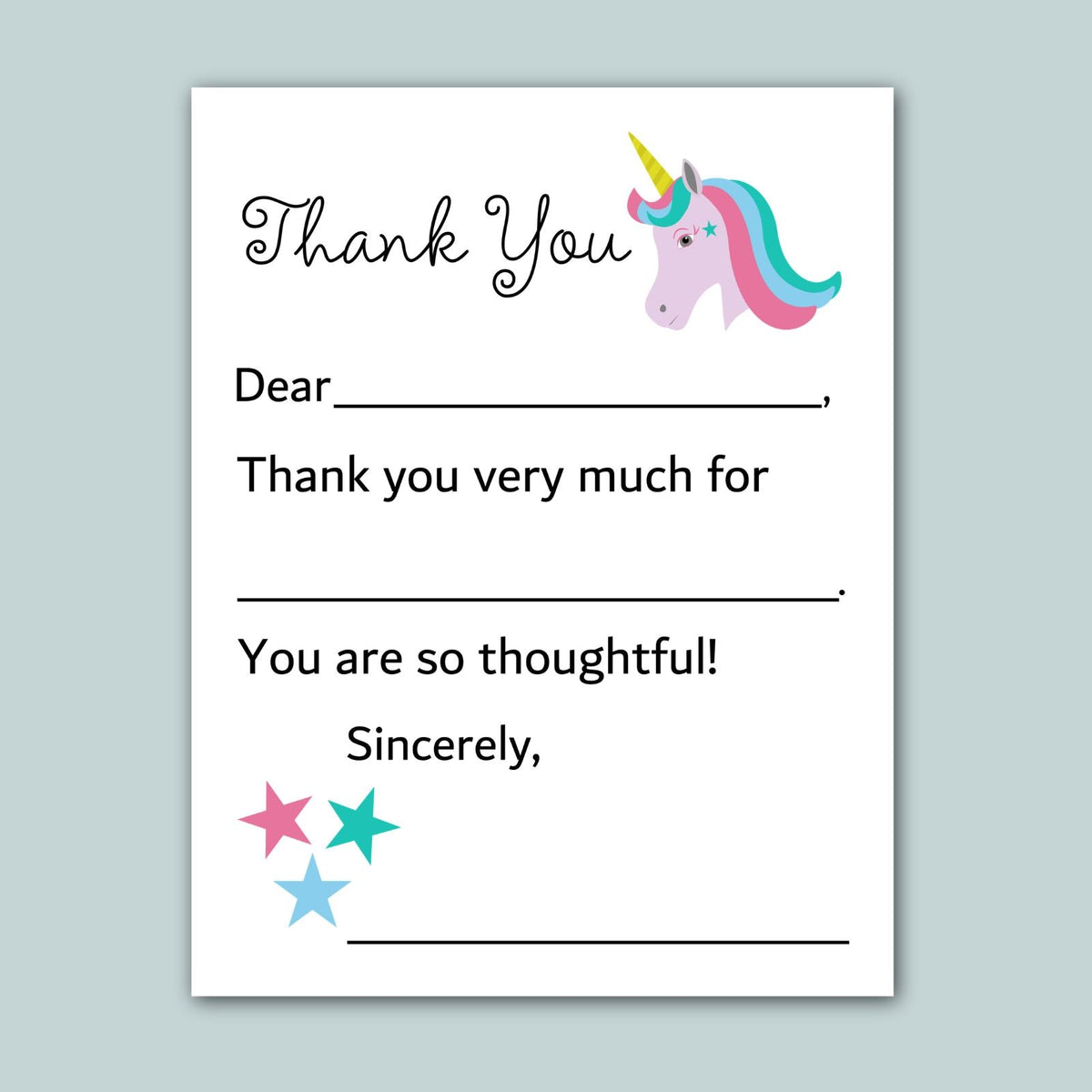 The image is a white card with a unicorn and stars on it. The card has a message that says "Thank You" and a blank space for a response.