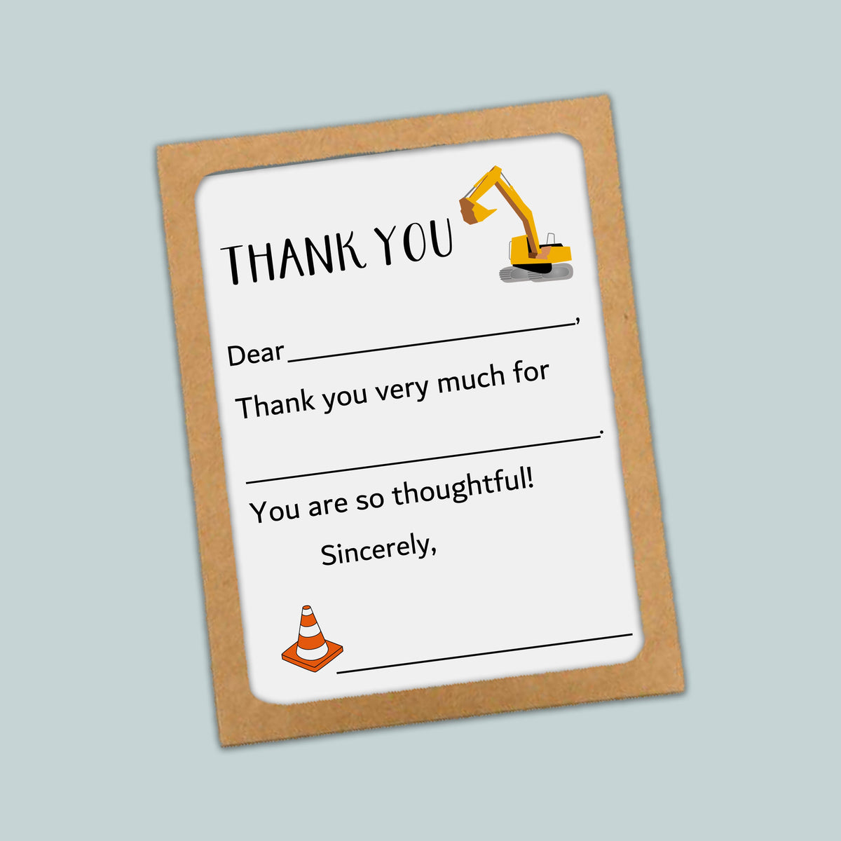 The image is a construction-themed thank you card with a construction vehicle and a cone on the front. The card has a blank space for a recipient&