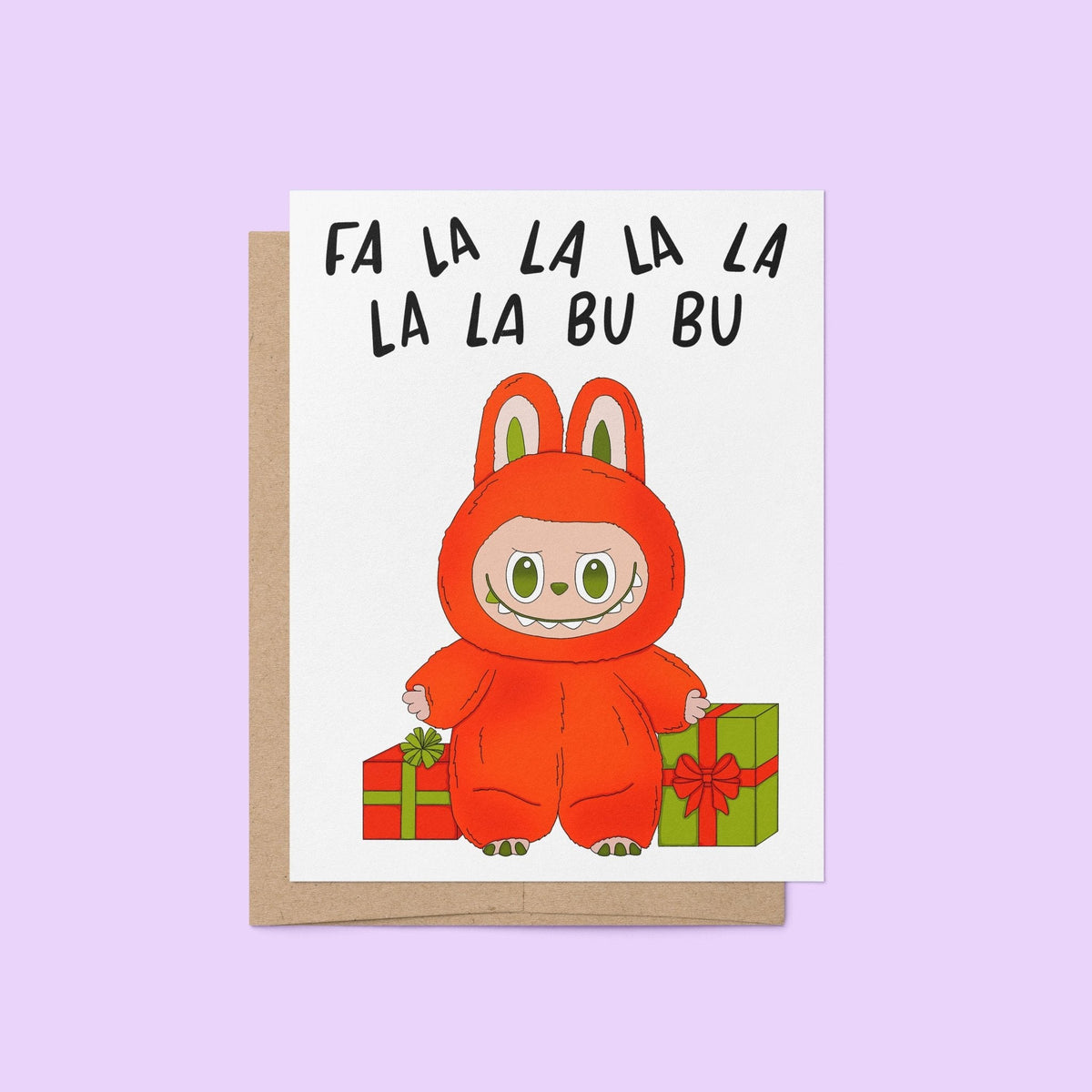 Fa La La Monster holiday card with A2 kraft envelope — funny illustrated holiday card by indie artist MangoIllustrated
