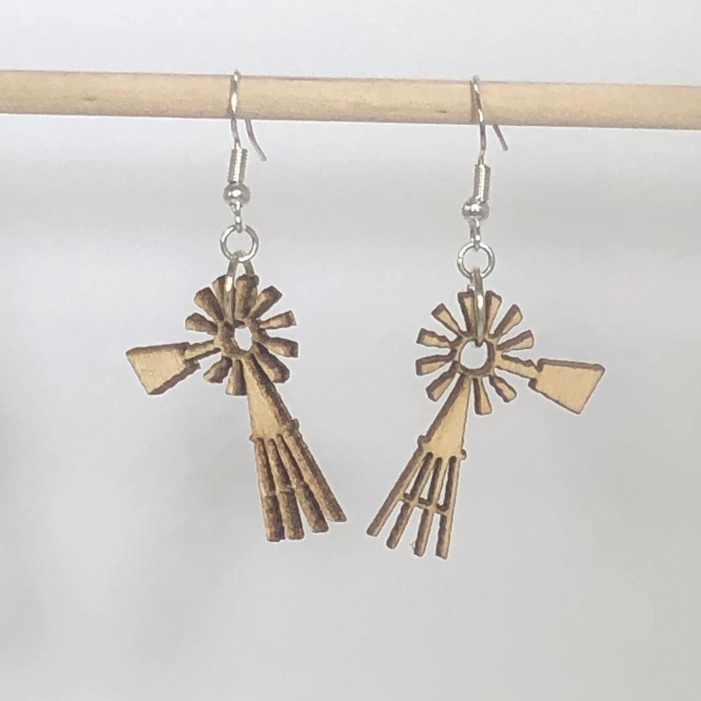 Farmland Prairie Windmills Wooden Dangle Earrings - - Cate&