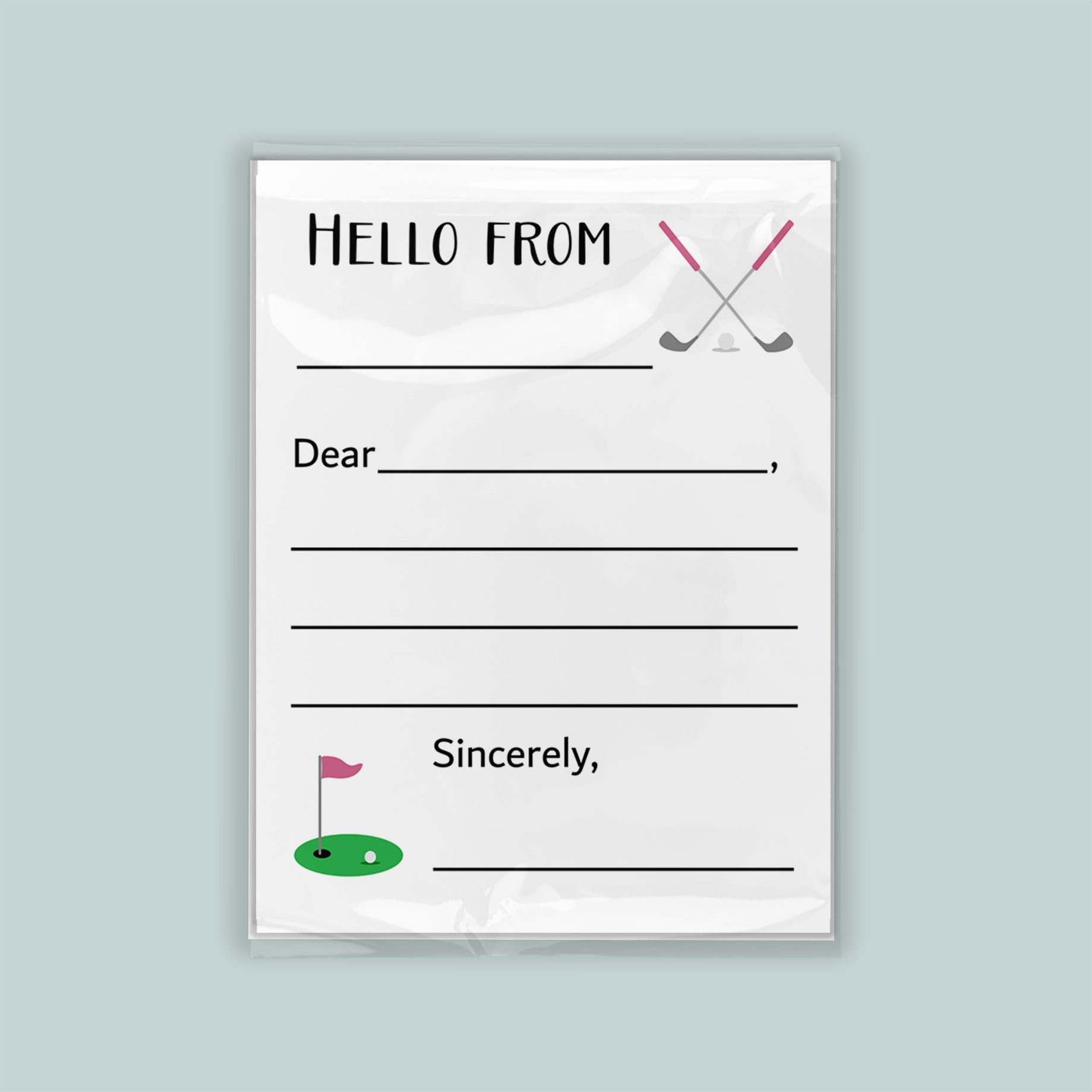 The image is a greeting card with a golf-themed design. The card has a blank space for a message and includes a golf club and flag illustration.