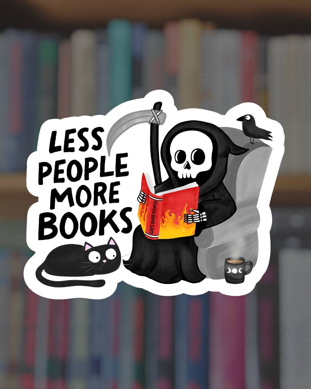 Sticker with a cartoon grim reaper reading a book, surrounded by a cat and a raven, with &