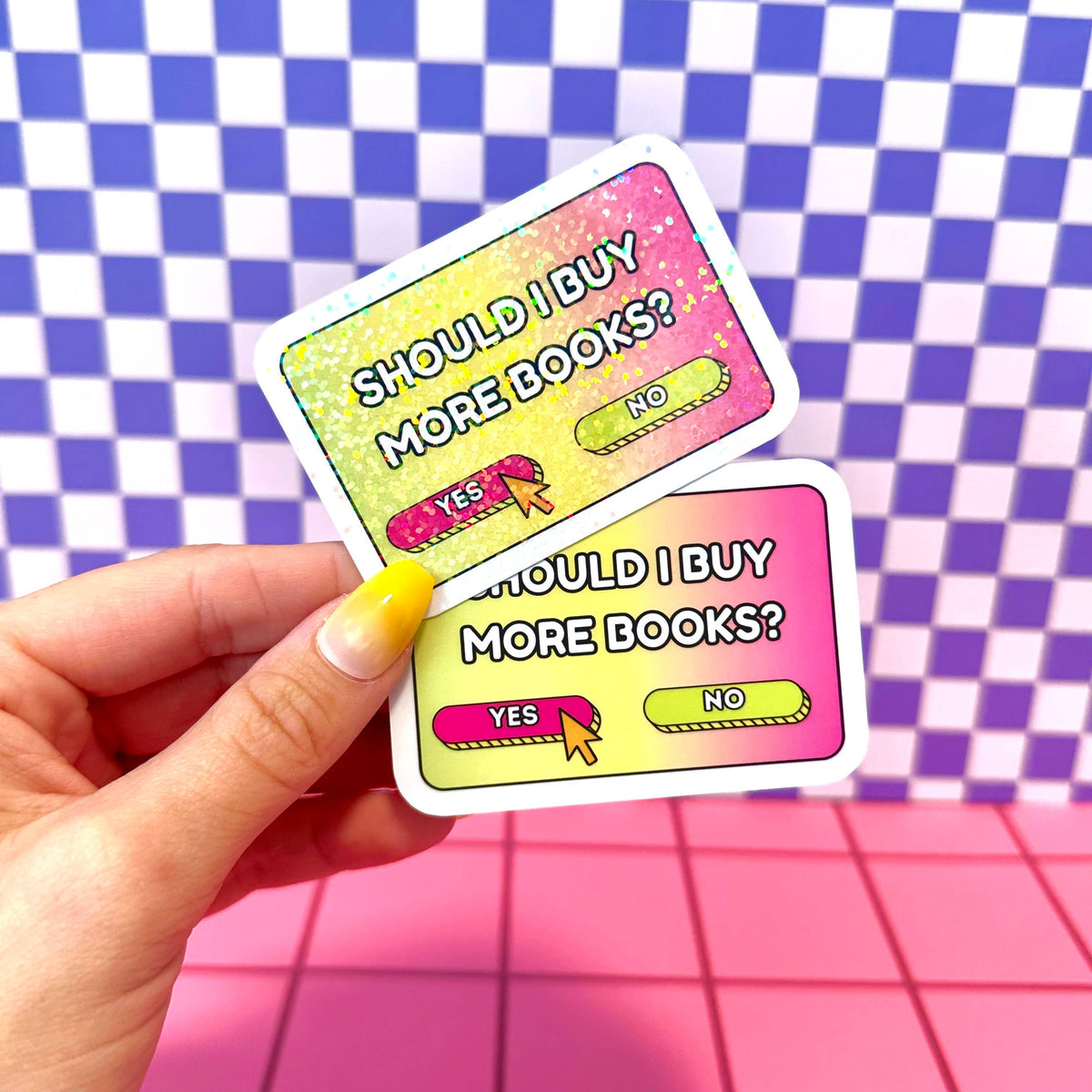 Two colorful cards with text &