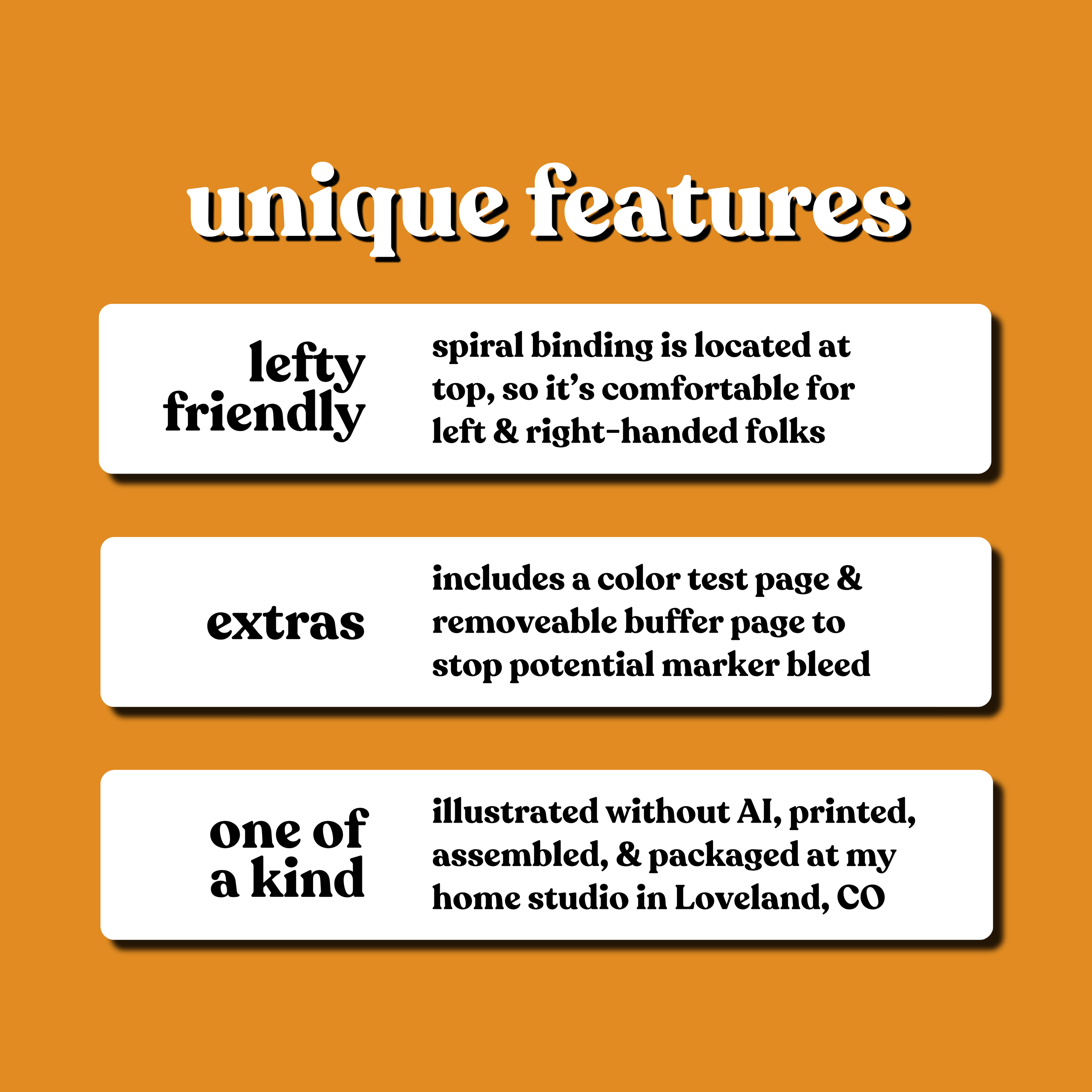 Orange graphic highlighting coloring book features: top spiral binding for left- and right-handed users, color test and buffer pages, and handmade production in Loveland, Colorado.